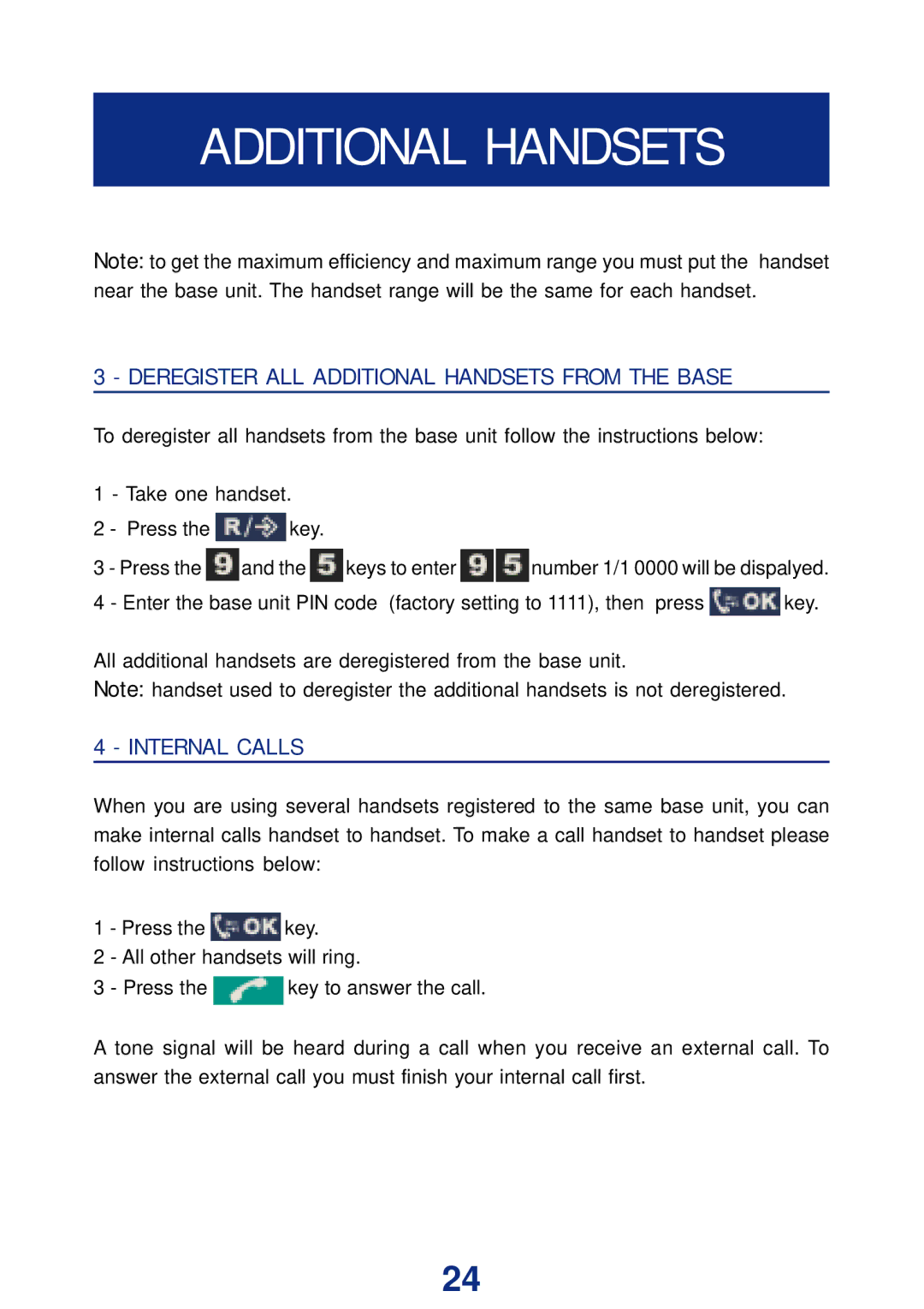 Geemarc Ampli DECT150 manual Deregister ALL Additional Handsets from the Base, Internal Calls 