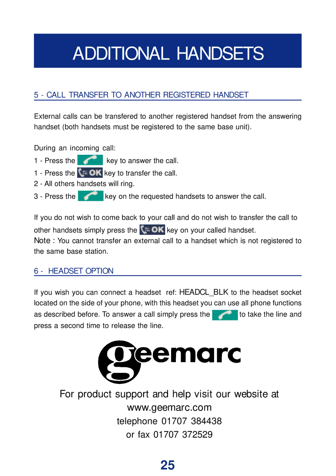 Geemarc Ampli DECT150 manual Call Transfer to Another Registered Handset, Headset Option 