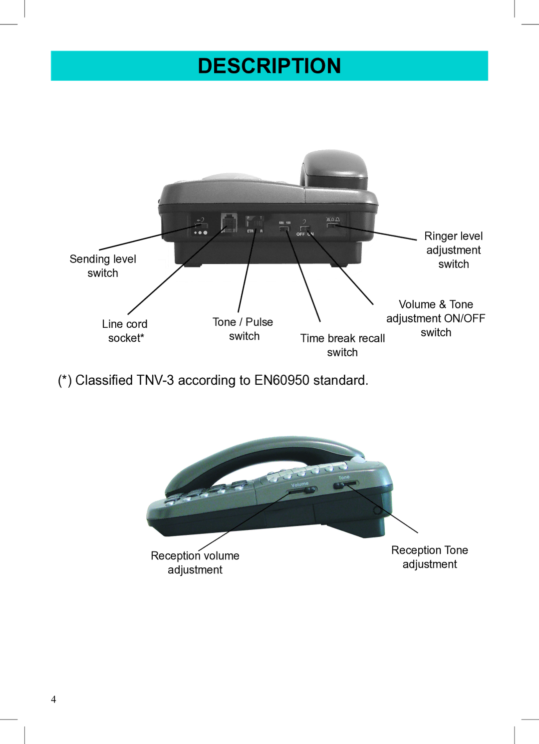 Geemarc AMPLI1100 manual Classiﬁed TNV-3 according to EN60950 standard 