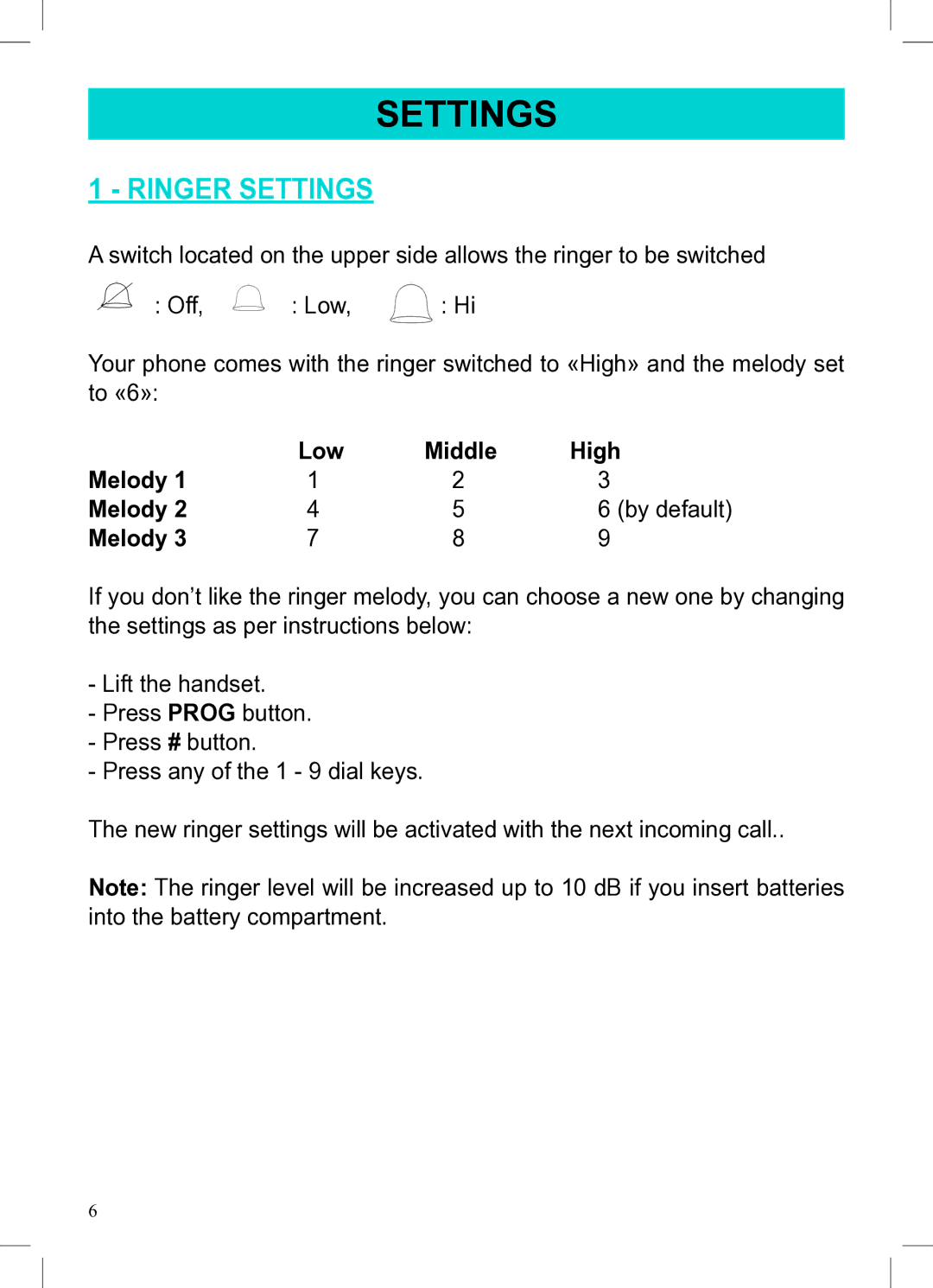 Geemarc AMPLI1100 manual Ringer Settings 