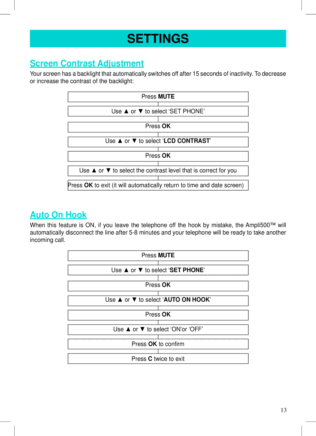 Geemarc AMPLI500 manual Screen Contrast Adjustment, Auto On Hook 