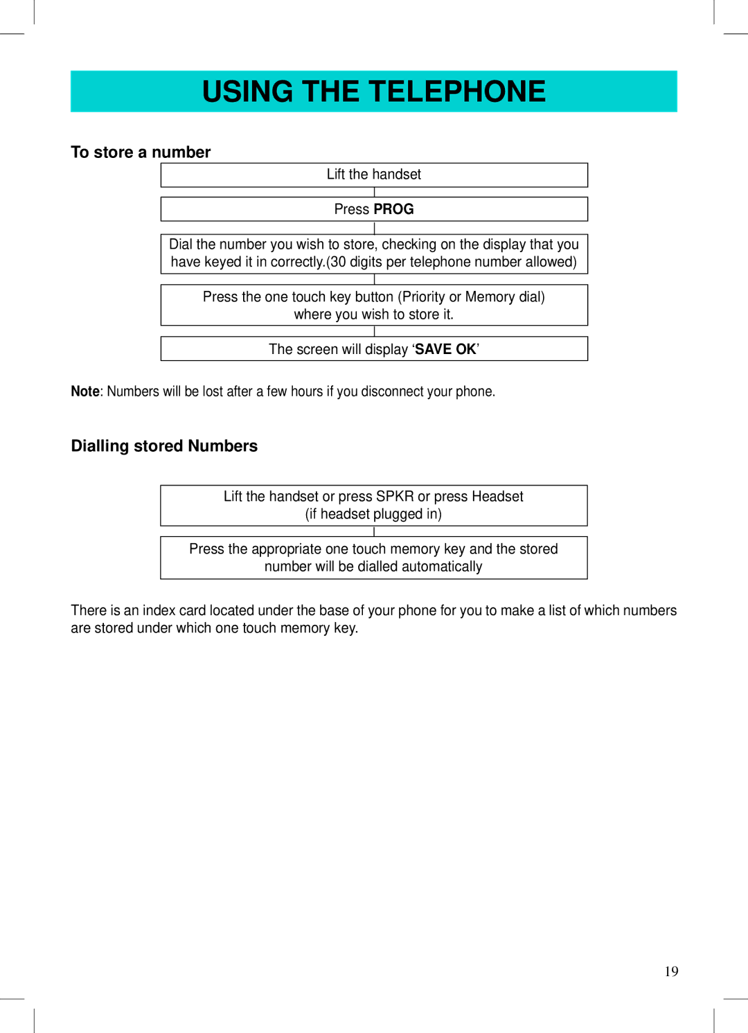 Geemarc AMPLI500 manual To store a number, Dialling stored Numbers 