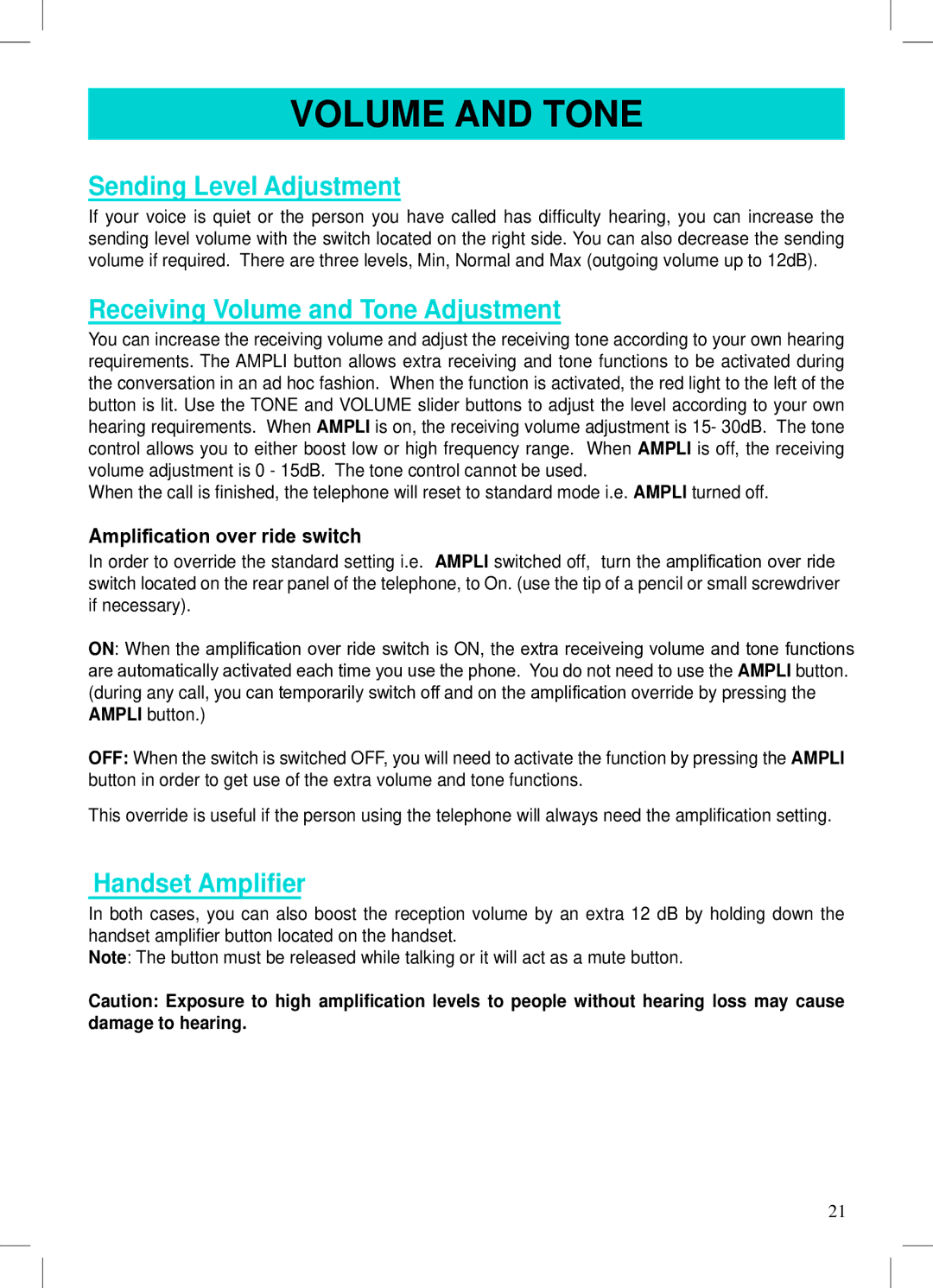 Geemarc AMPLI500 manual Sending Level Adjustment, Receiving Volume and Tone Adjustment, Handset Ampliﬁer 