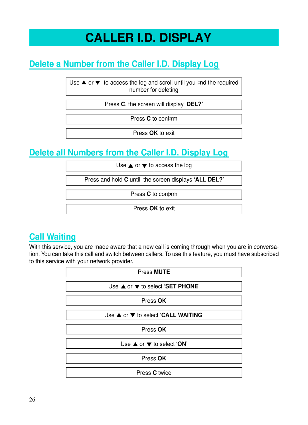 Geemarc AMPLI500 Delete a Number from the Caller I.D. Display Log, Delete all Numbers from the Caller I.D. Display Log 