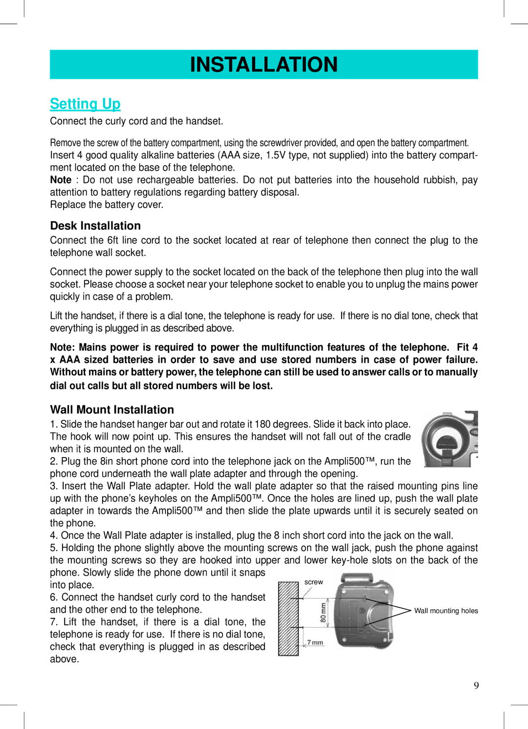 Geemarc AMPLI500 manual Setting Up, Desk Installation, Wall Mount Installation 