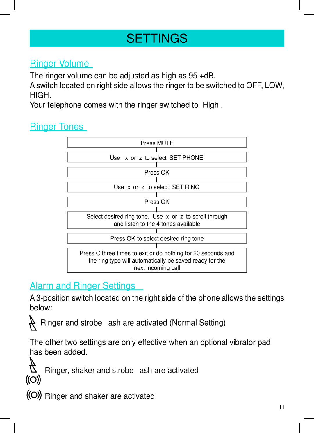 Geemarc AMPLI600 manual Ringer Volume, Ringer Tones, Alarm and Ringer Settings 