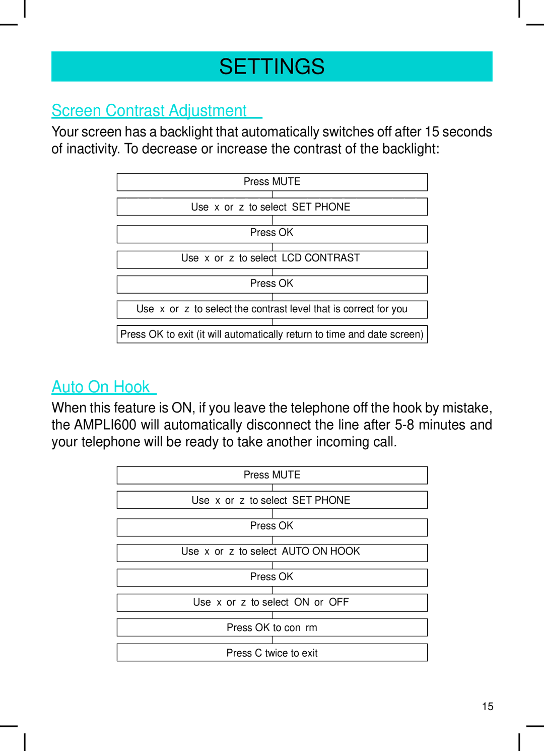 Geemarc AMPLI600 manual Screen Contrast Adjustment, Auto On Hook 