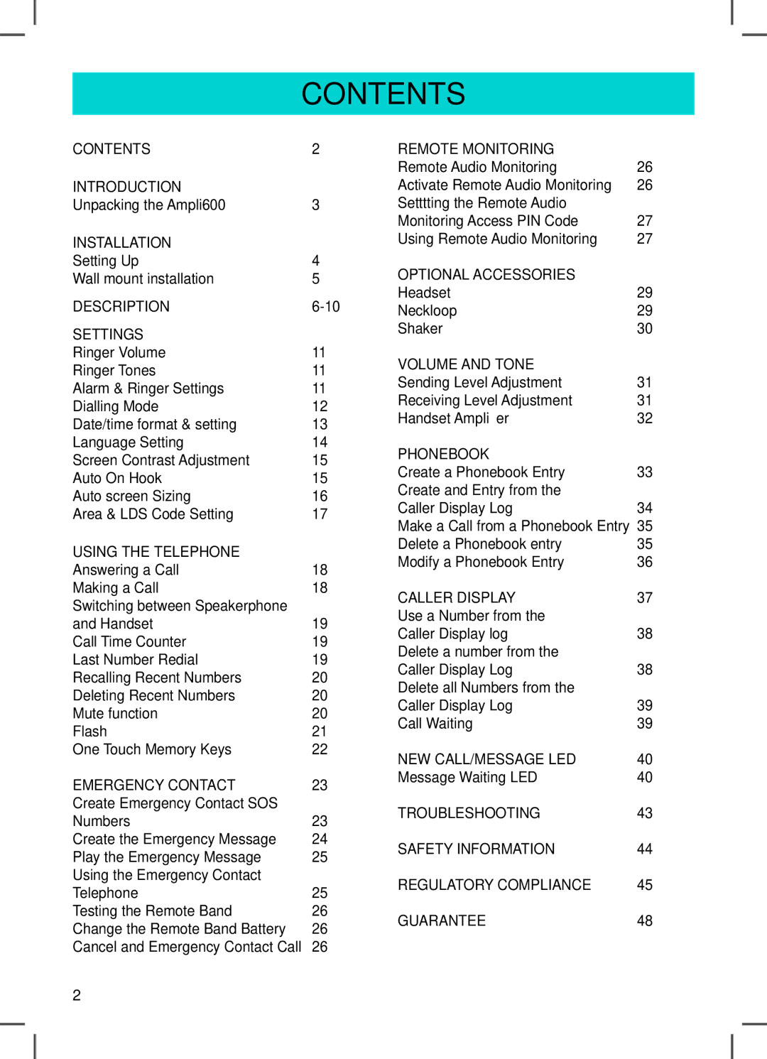 Geemarc AMPLI600 manual Contents 