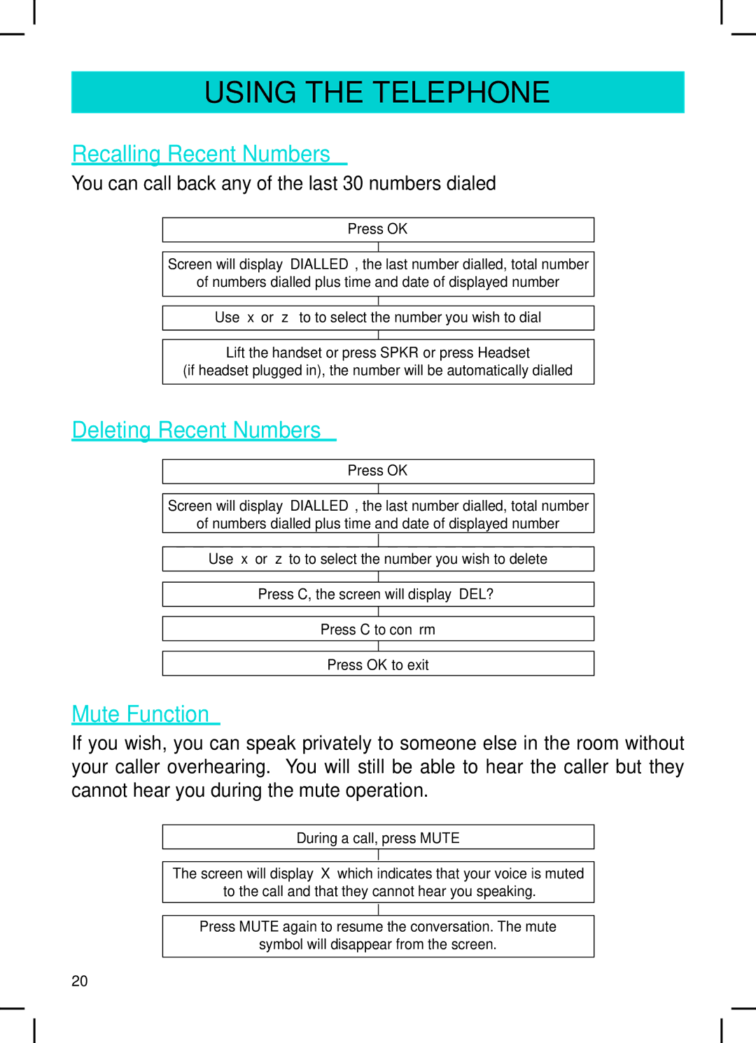 Geemarc AMPLI600 manual Recalling Recent Numbers, Deleting Recent Numbers, Mute Function 