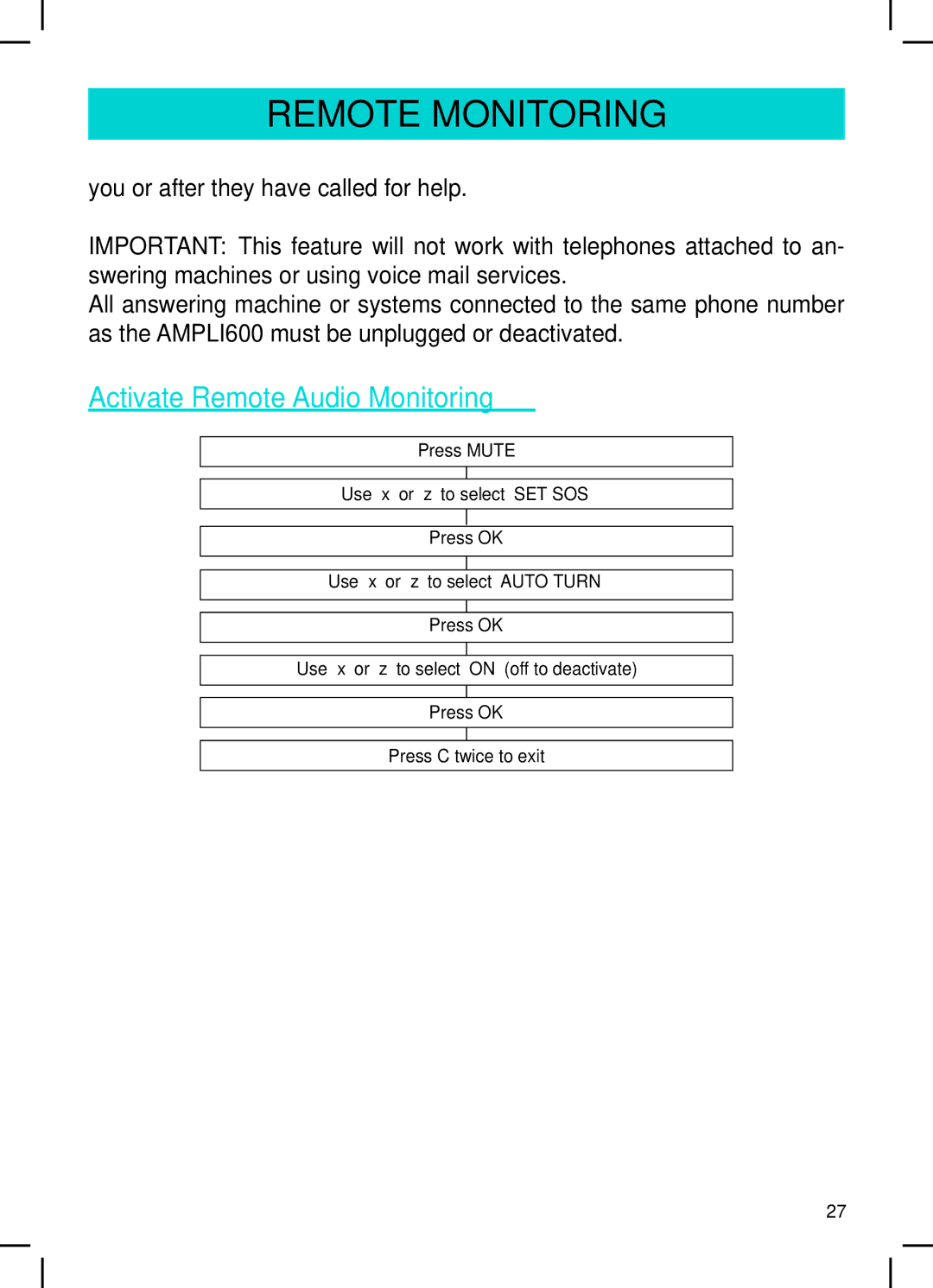 Geemarc AMPLI600 manual Remote Monitoring, Activate Remote Audio Monitoring 