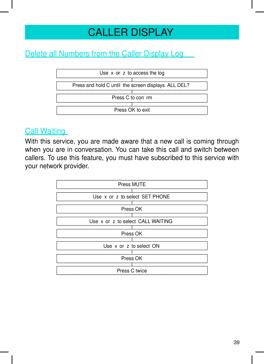 Geemarc AMPLI600 manual Delete all Numbers from the Caller Display Log, Call Waiting 