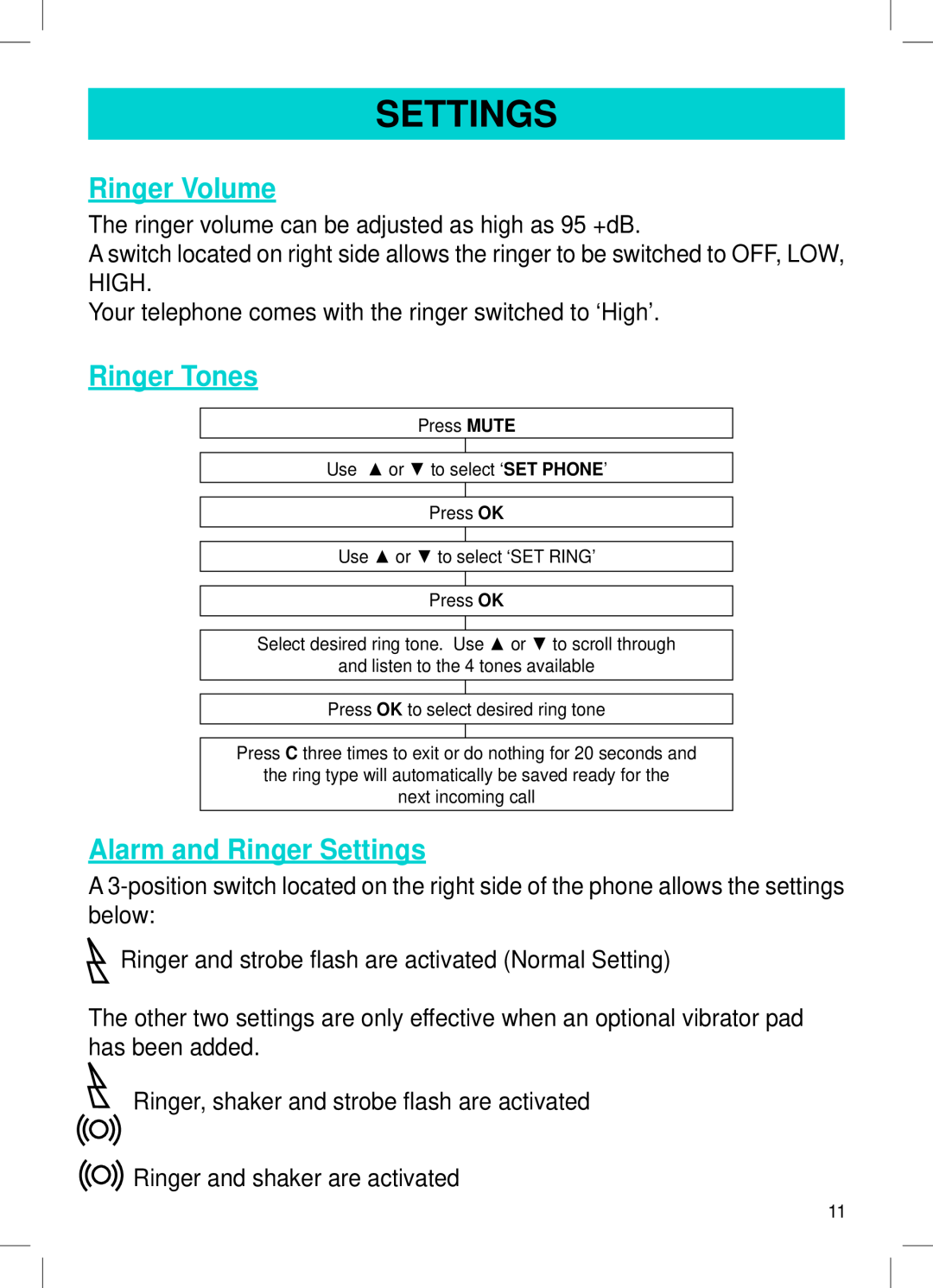 Geemarc AMPLI600 manual Ringer Volume, Ringer Tones, Alarm and Ringer Settings 