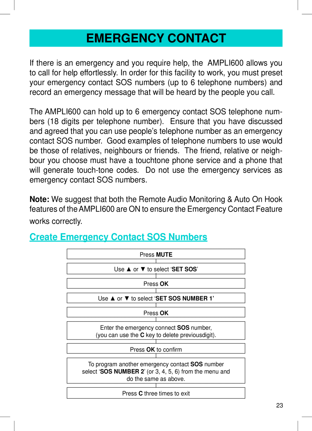 Geemarc AMPLI600 manual Create Emergency Contact SOS Numbers 