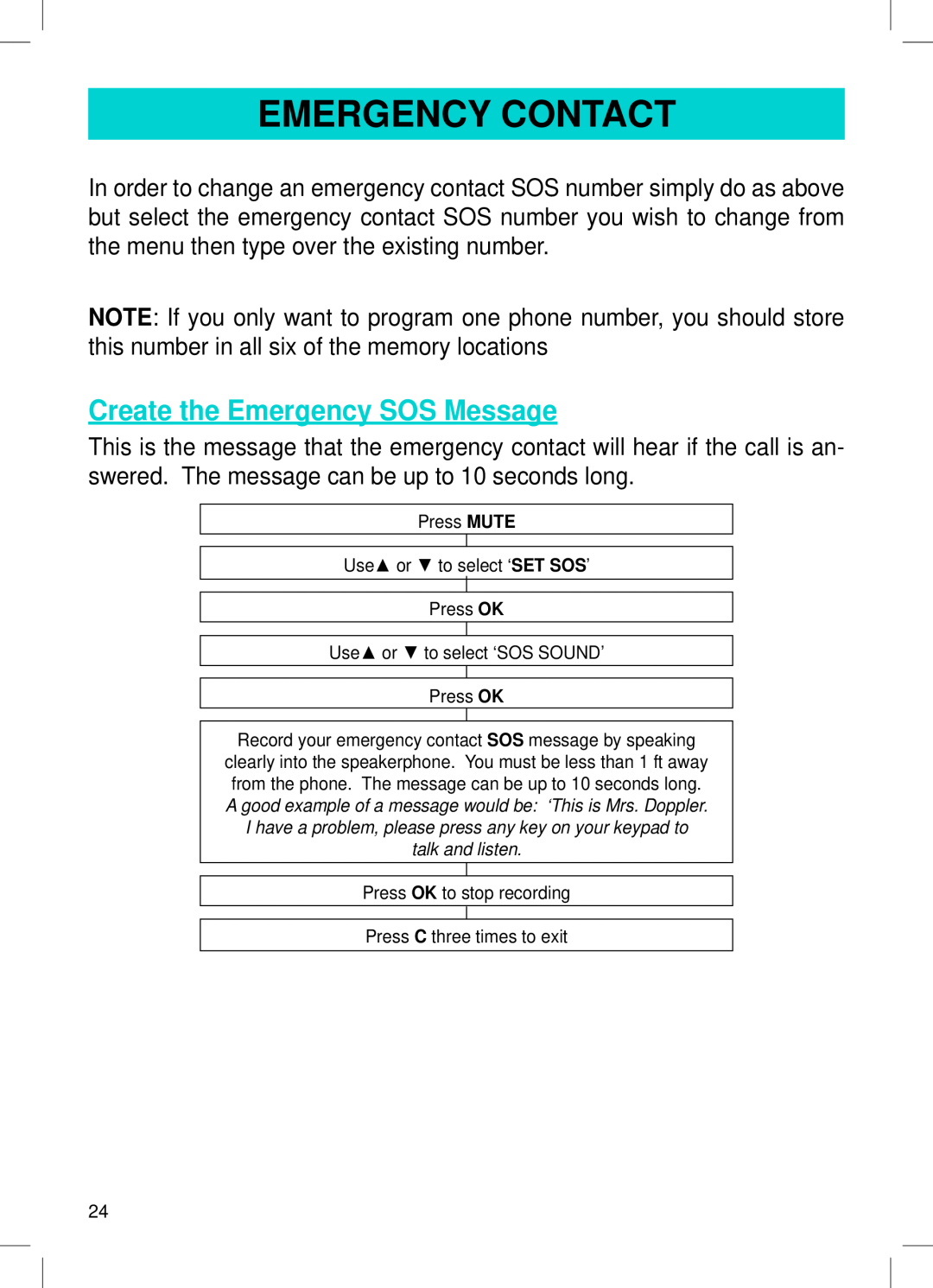 Geemarc AMPLI600 manual Create the Emergency SOS Message, Emergency Contact 