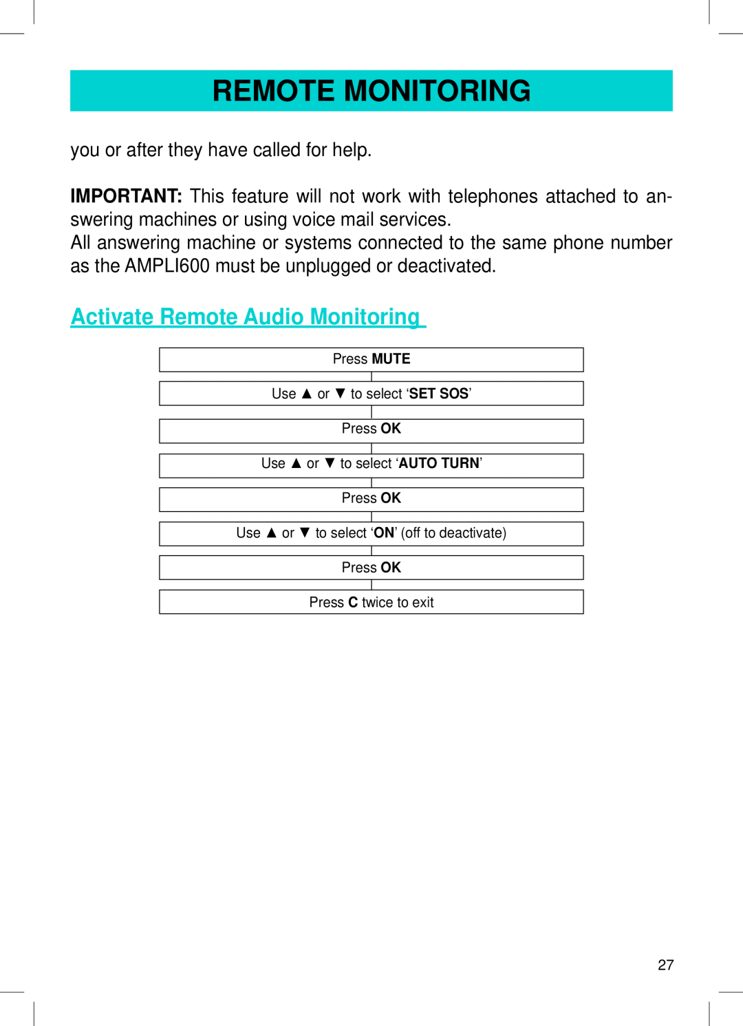 Geemarc AMPLI600 manual Remote Monitoring, Activate Remote Audio Monitoring 