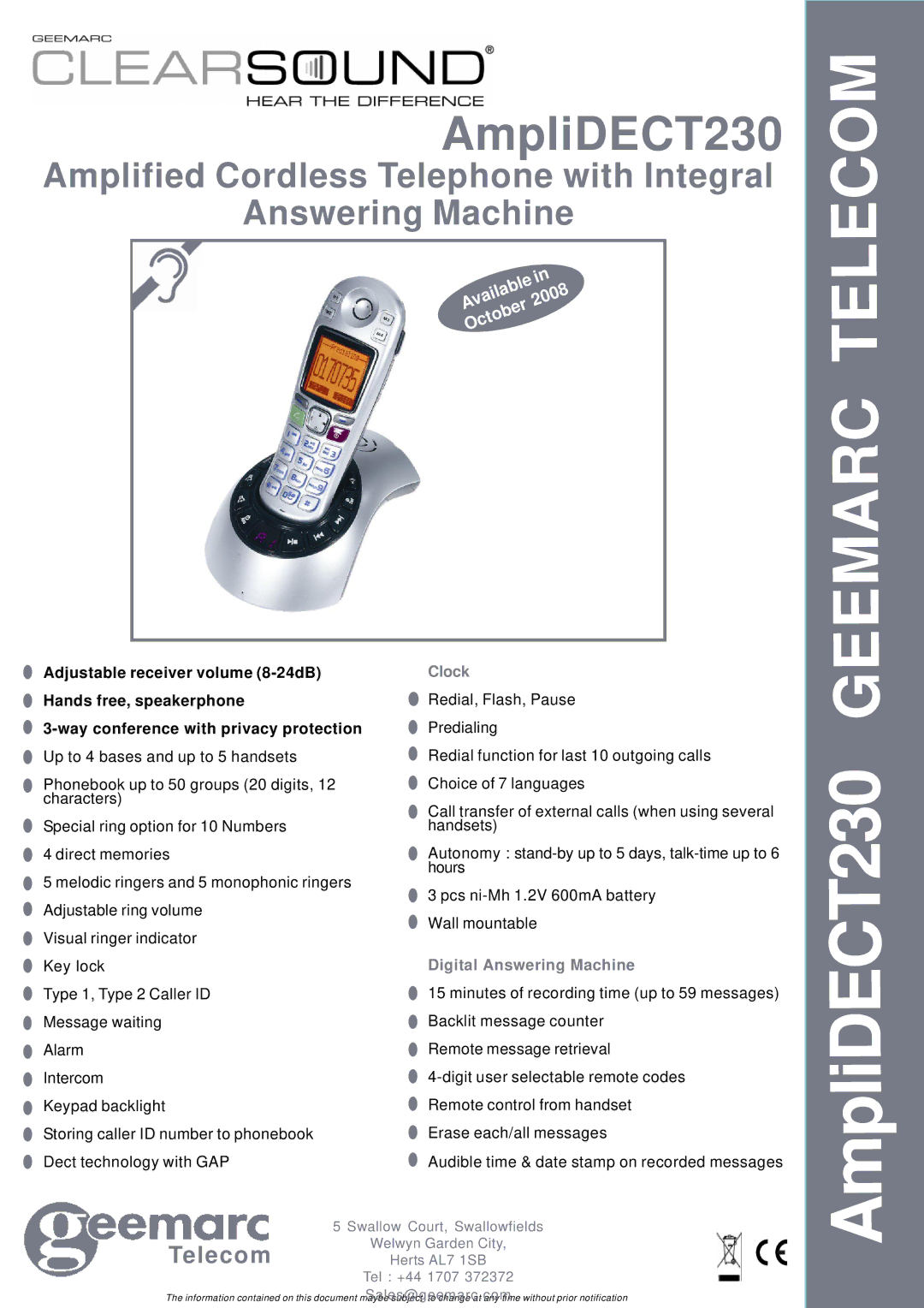 Geemarc AmpliDECT230 manual Geemarc Telecom, Clock, Digital Answering Machine 