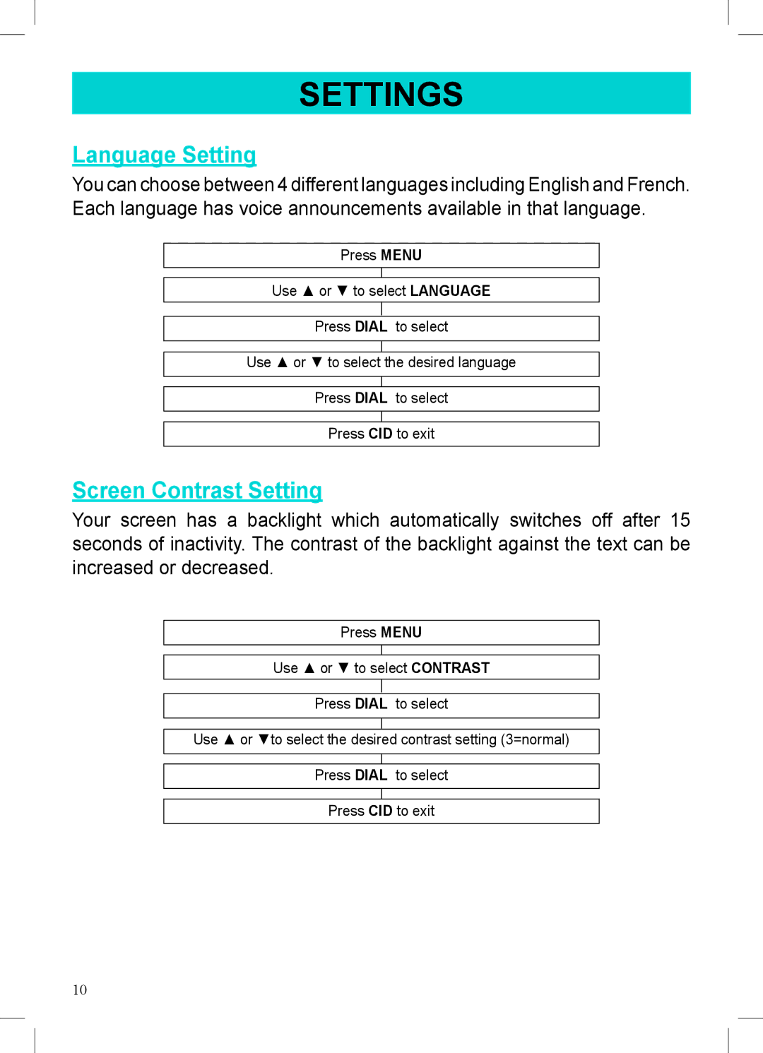 Geemarc AMPLIVOICE50 manual Settings, Language Setting, Screen Contrast Setting 