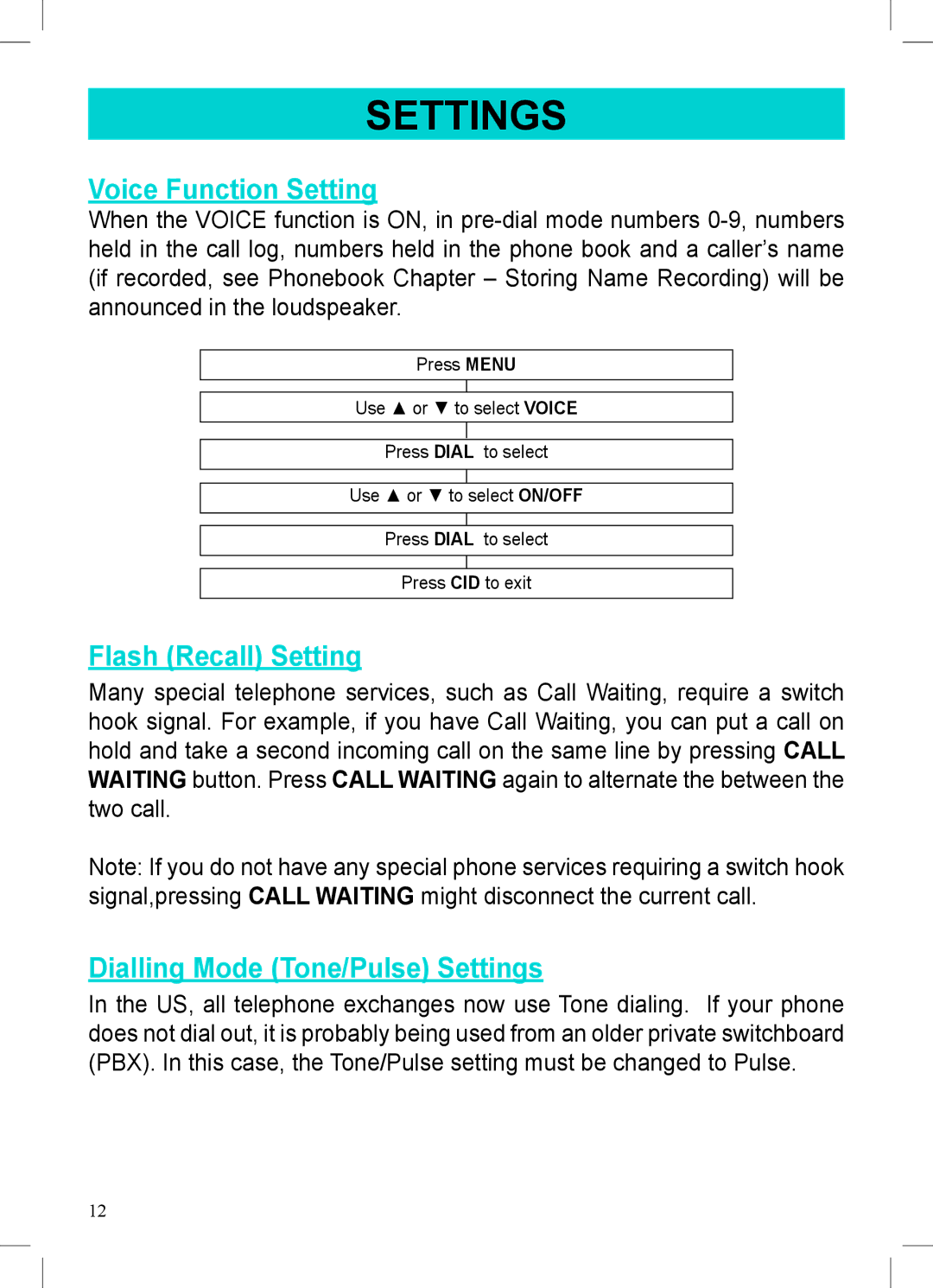 Geemarc AMPLIVOICE50 manual Voice Function Setting, Flash Recall Setting, Dialling Mode Tone/Pulse Settings 