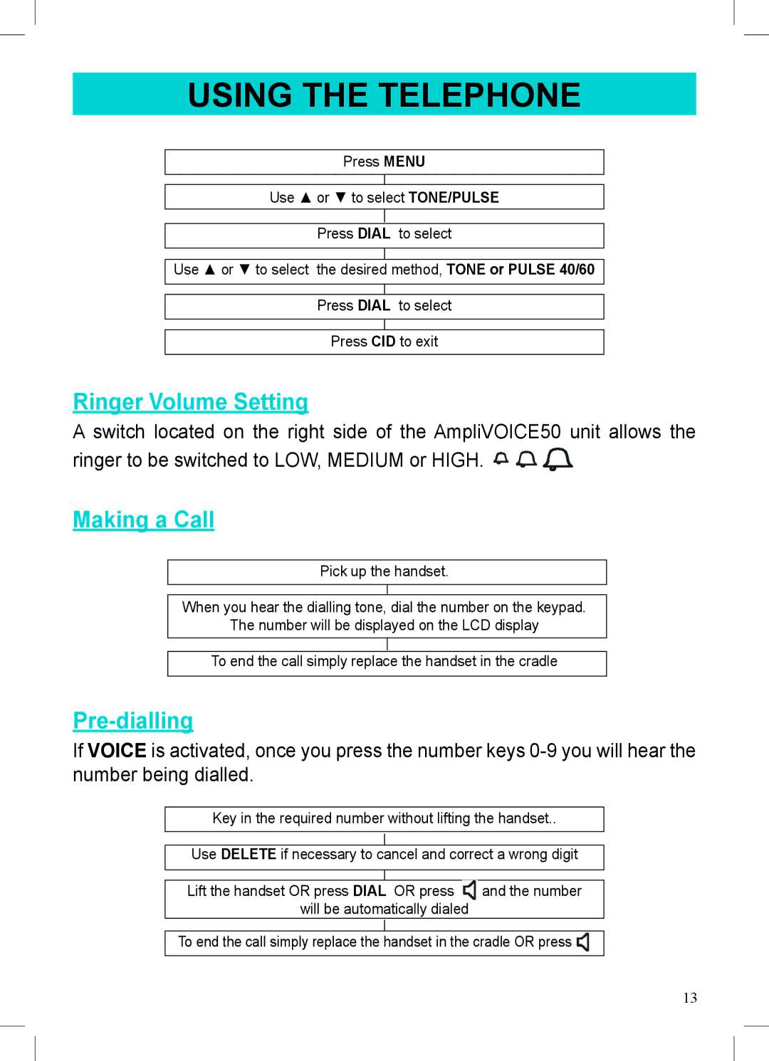 Geemarc AMPLIVOICE50 manual Using the Telephone, Ringer Volume Setting, Making a Call, Pre-dialling 