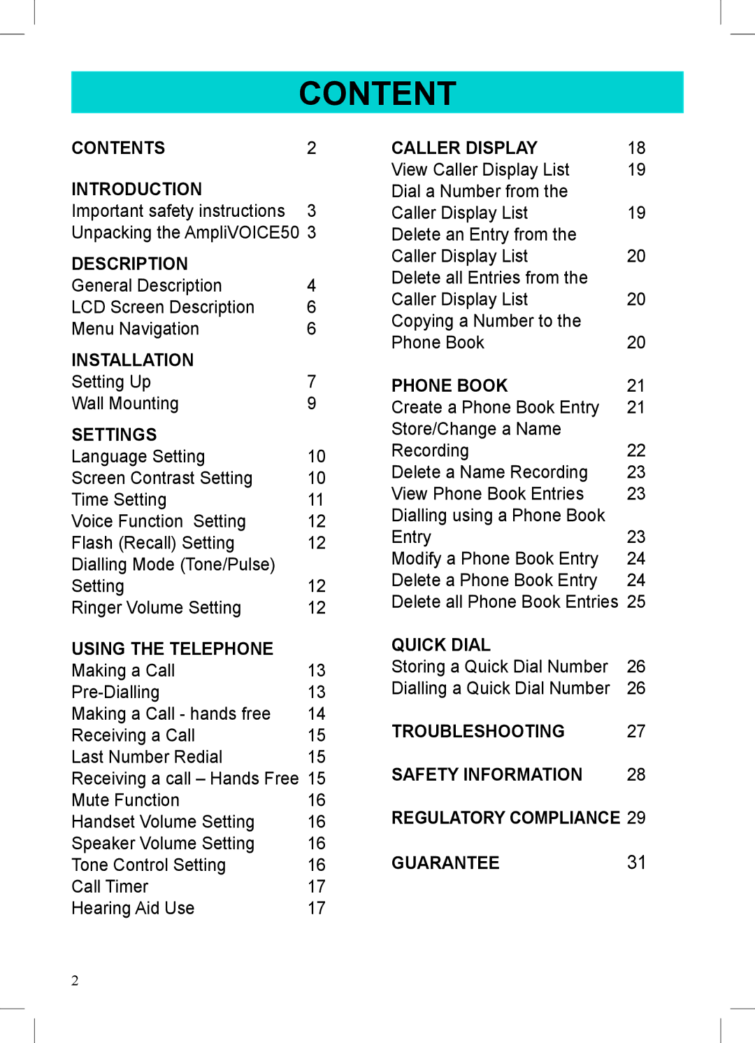 Geemarc AMPLIVOICE50 manual Content, Settings 