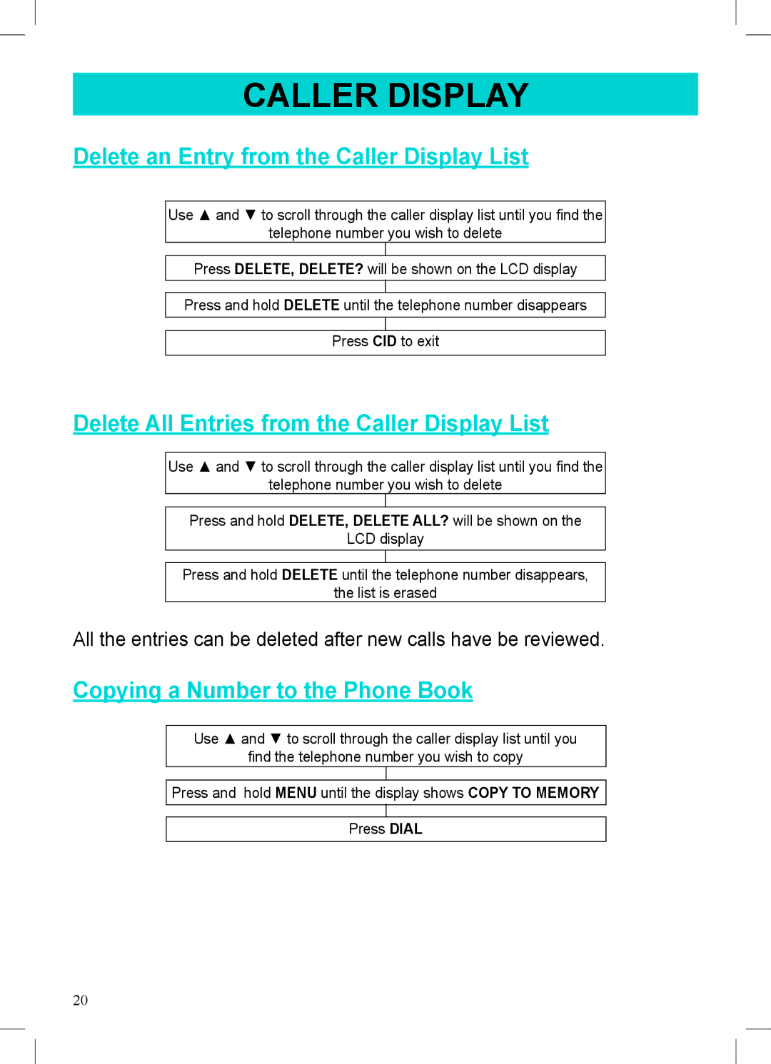 Geemarc AMPLIVOICE50 manual Delete an Entry from the Caller Display List, Delete All Entries from the Caller Display List 