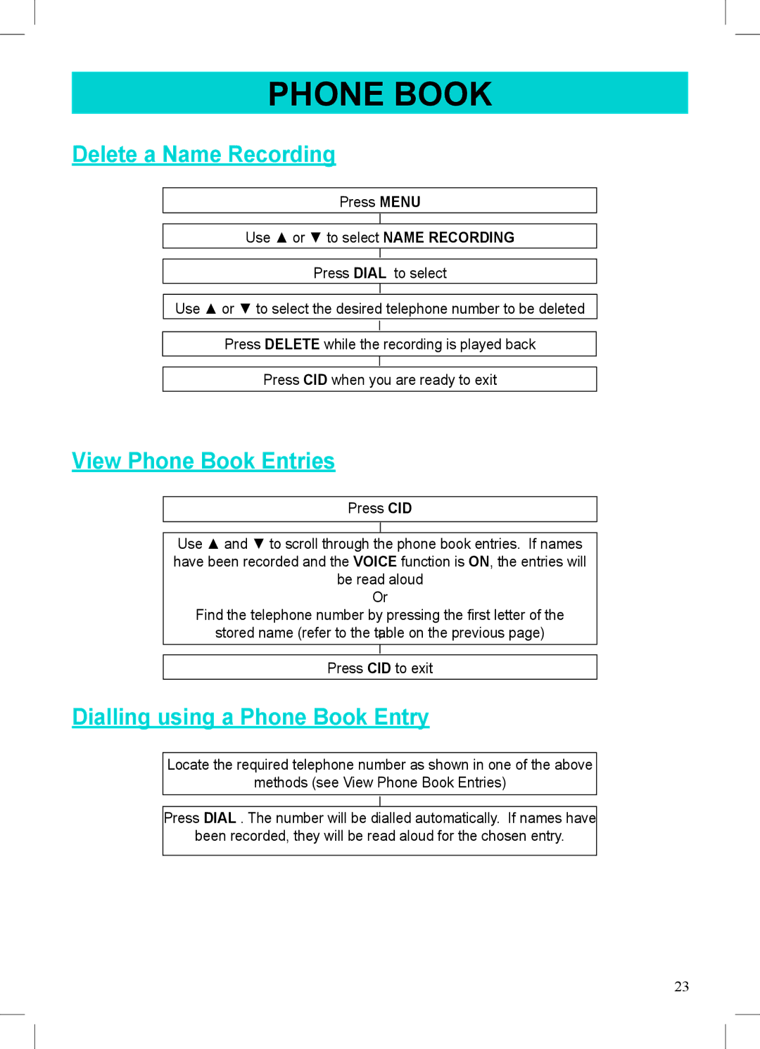 Geemarc AMPLIVOICE50 manual Delete a Name Recording, View Phone Book Entries, Dialling using a Phone Book Entry 