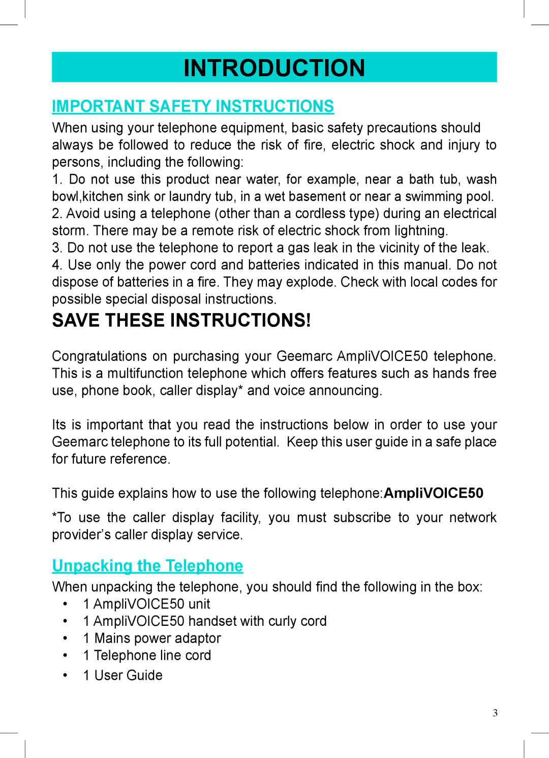 Geemarc AMPLIVOICE50 manual Introduction, Unpacking the Telephone 