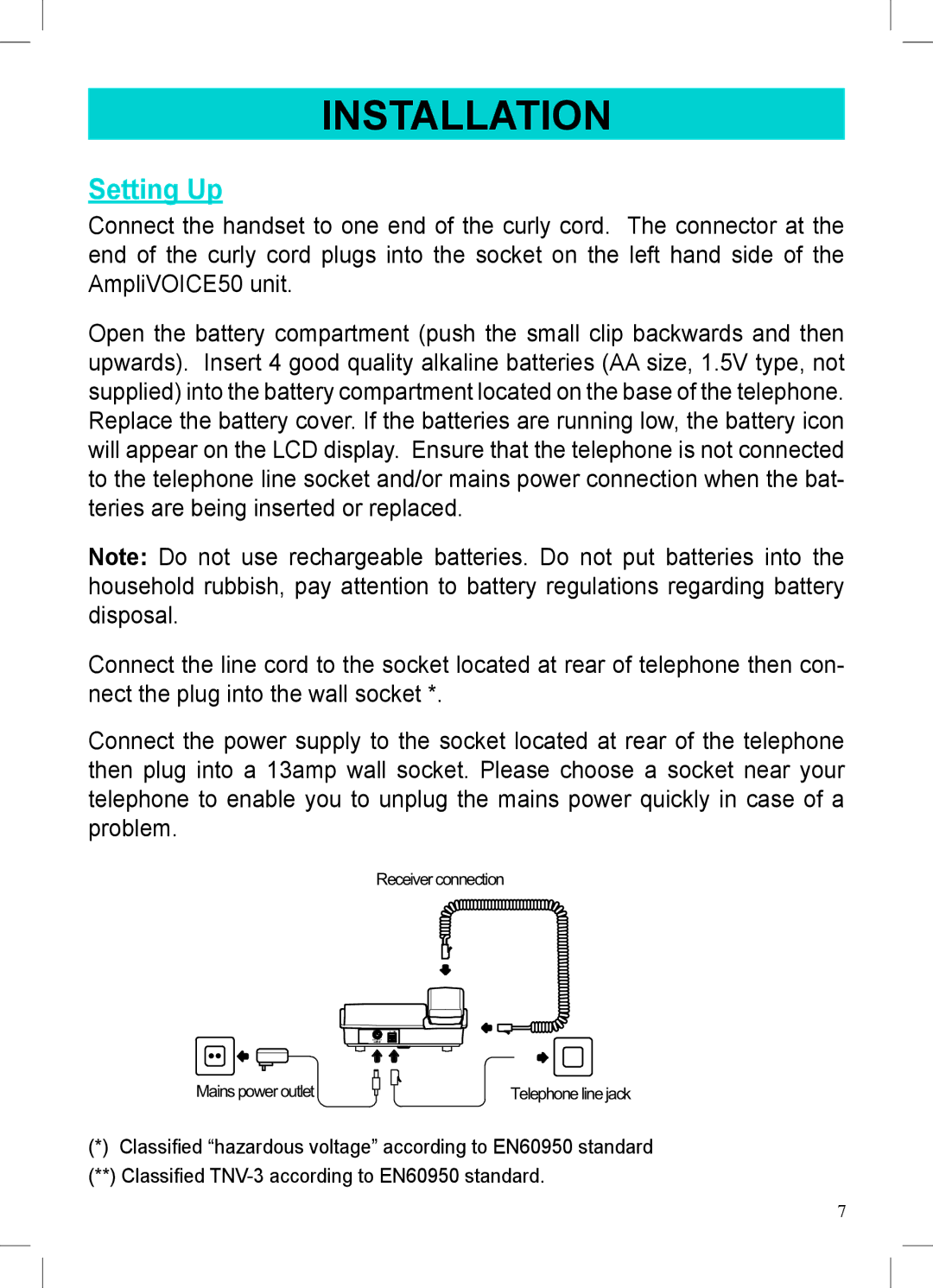 Geemarc AMPLIVOICE50 manual Installation, Setting Up 