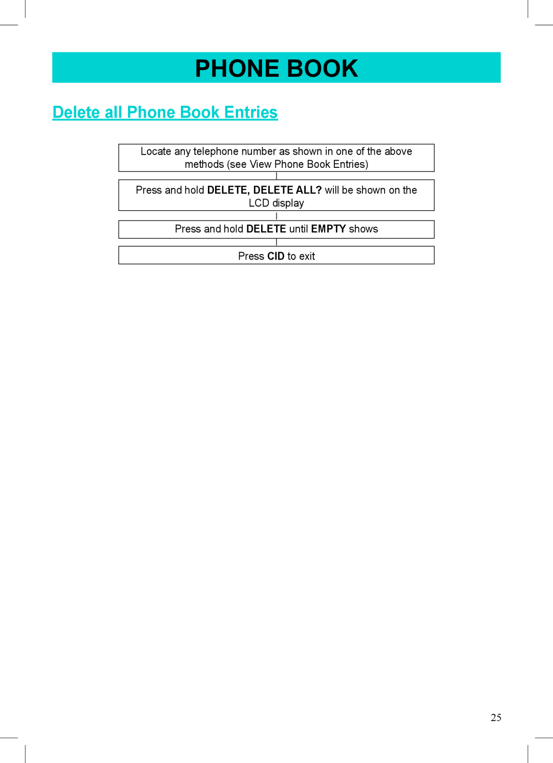 Geemarc AMPLIVOICE50 manual Delete all Phone Book Entries 