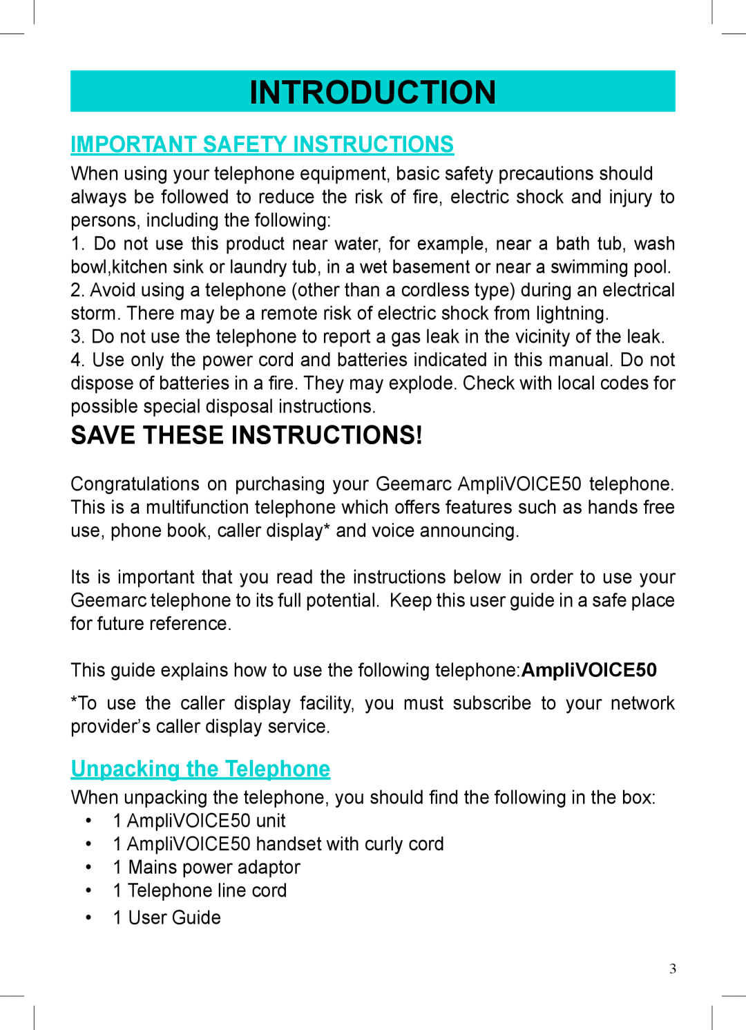 Geemarc AMPLIVOICE50 manual Introduction, Important Safety Instructions, Unpacking the Telephone, Save These Instructions 