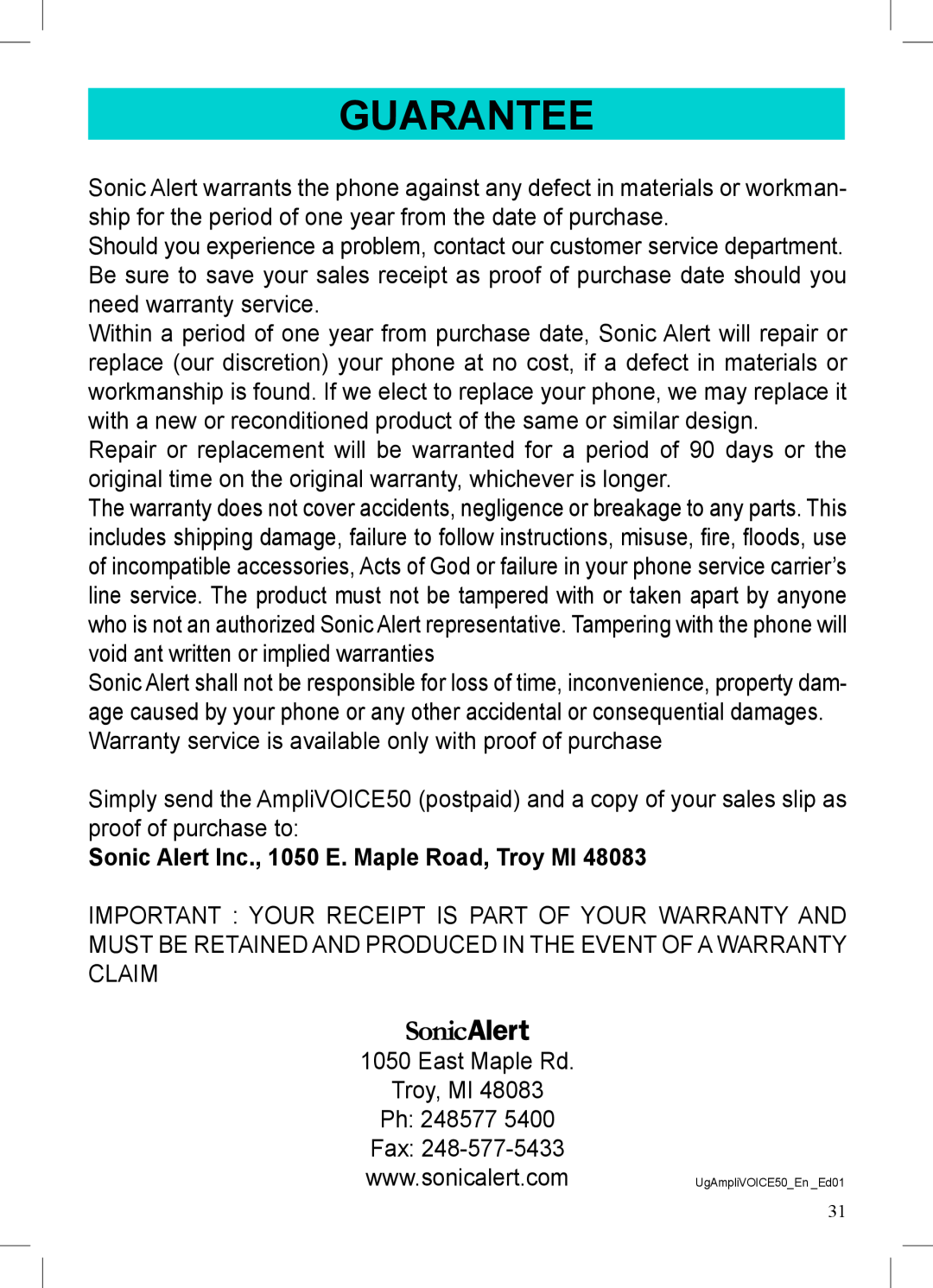 Geemarc AMPLIVOICE50 manual Guarantee, Sonic Alert Inc., 1050 E. Maple Road, Troy MI 