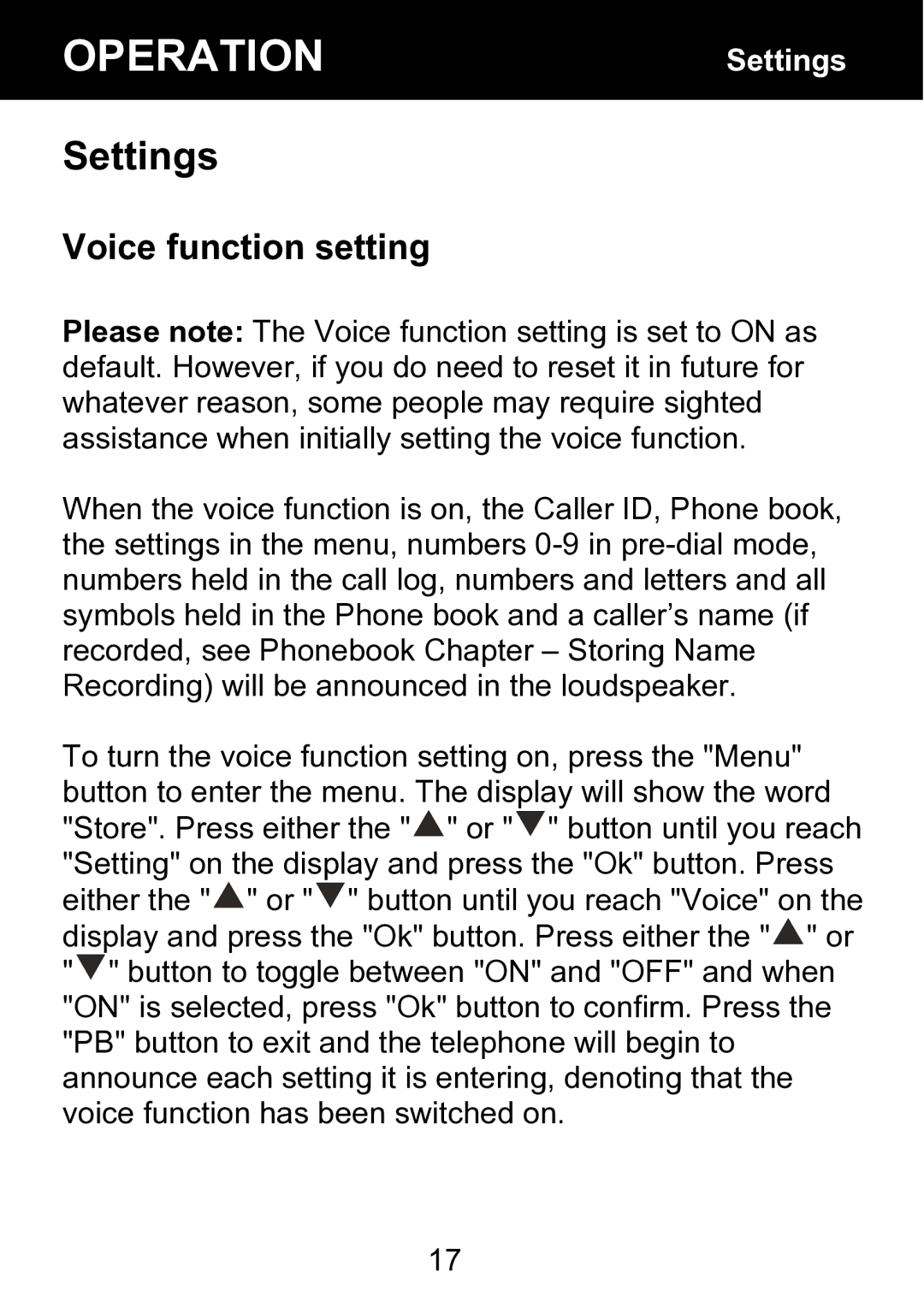 Geemarc BDP400 manual Settings, Voice function setting 