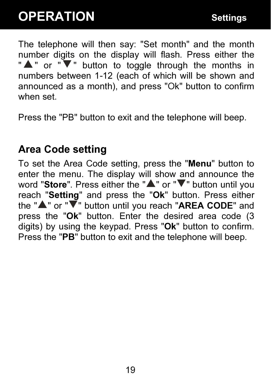 Geemarc BDP400 manual SettingsOPERATIONOPERATIONSettings, Area Code setting 