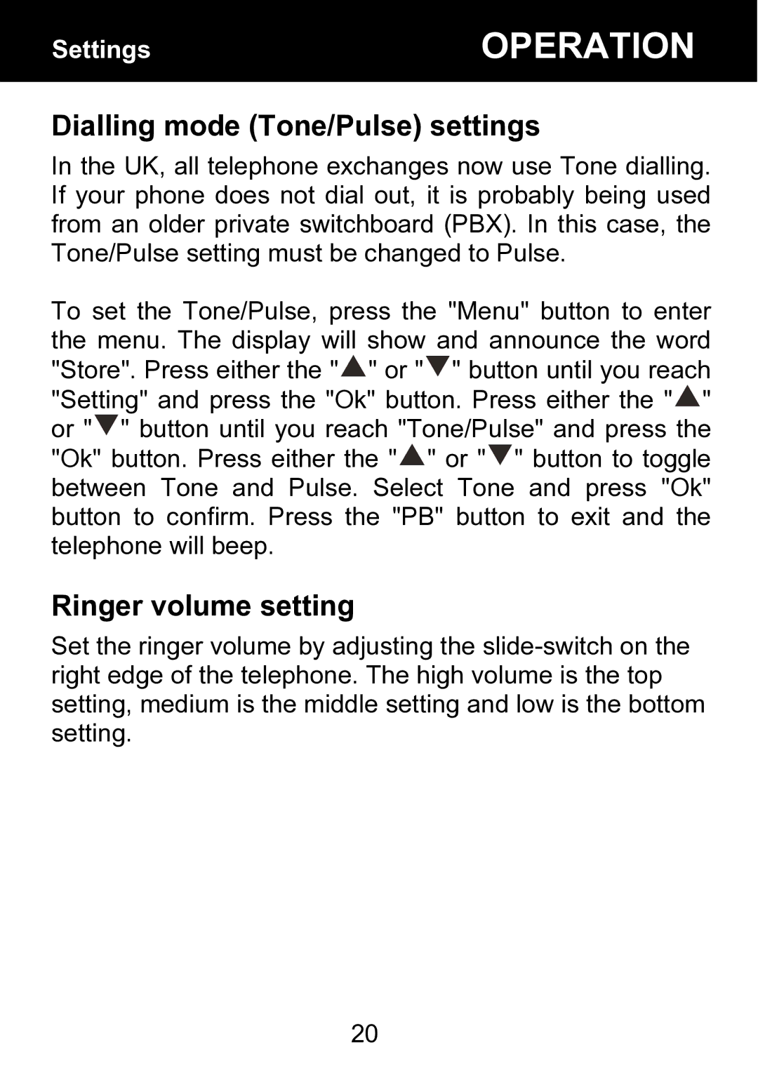 Geemarc BDP400 manual Dialling mode Tone/Pulse settings, Ringer volume setting 