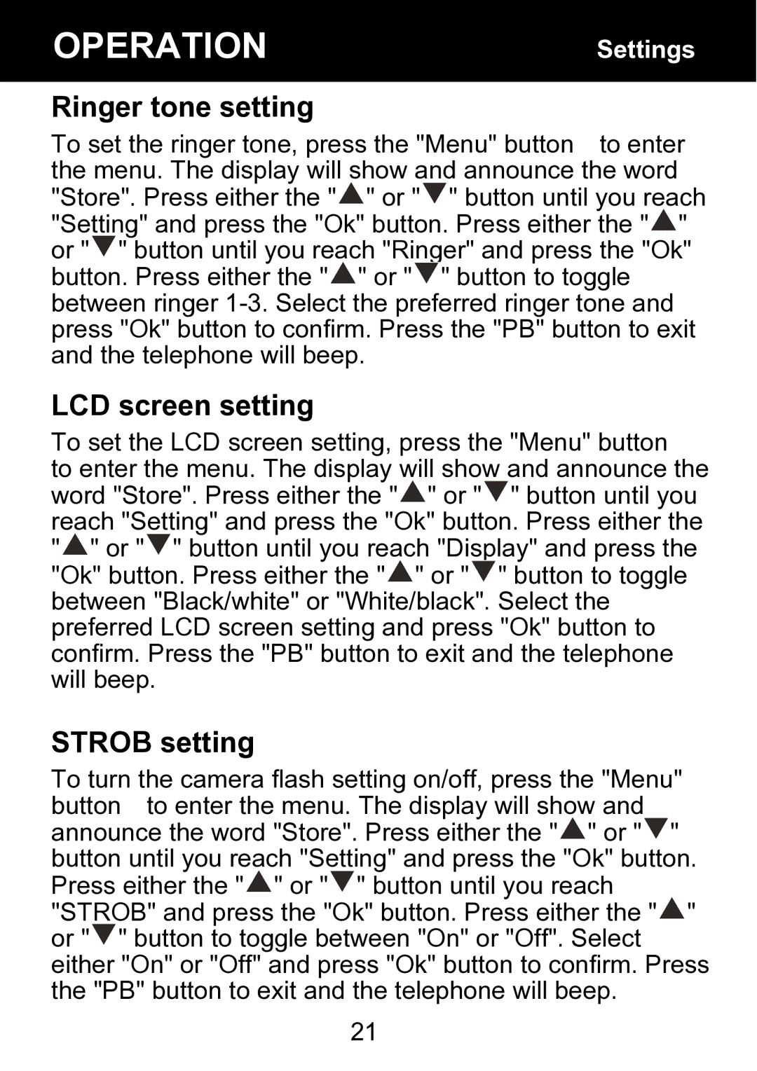 Geemarc BDP400 manual Ringer tone setting, LCD screen setting, Strob setting 