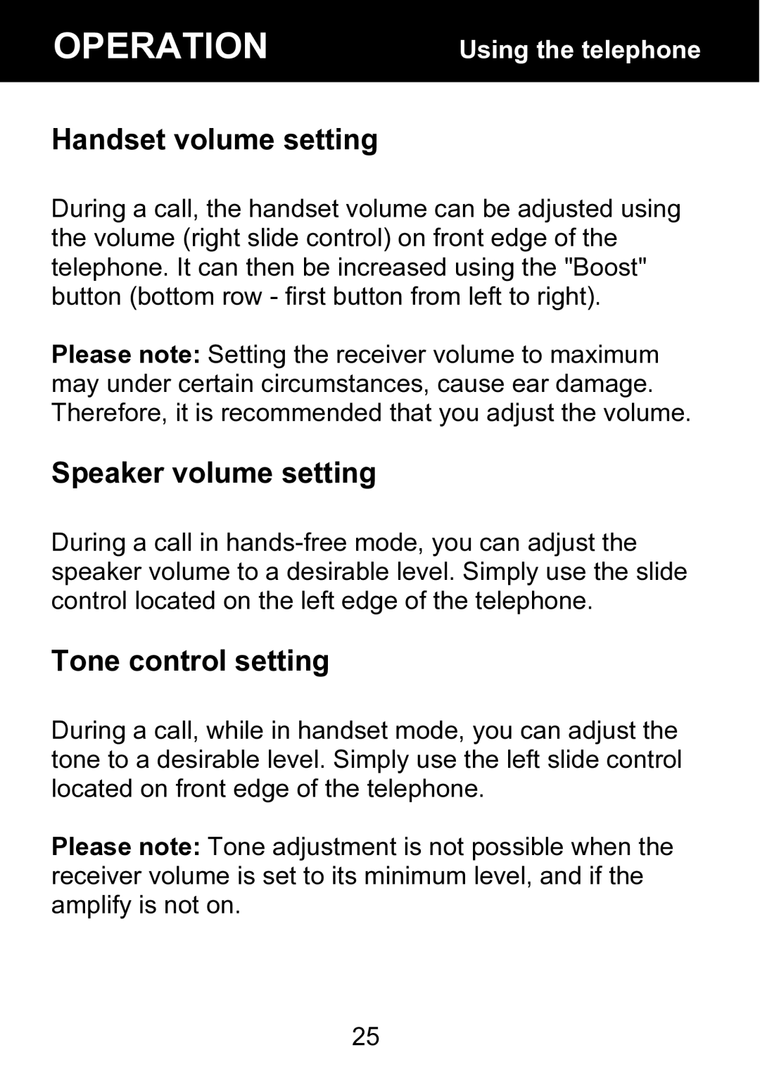 Geemarc BDP400 manual Handset volume setting, Speaker volume setting, Tone control setting 
