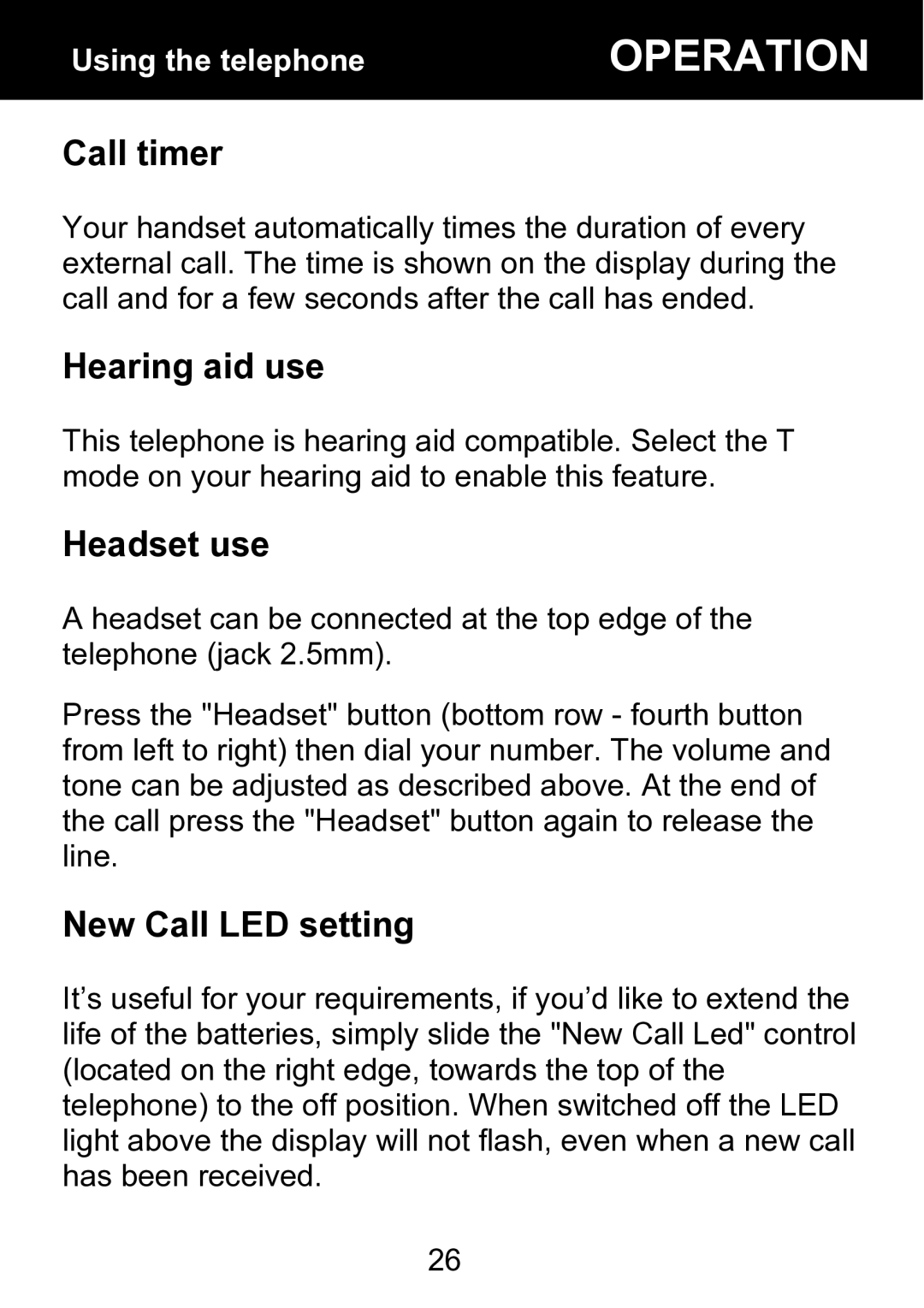 Geemarc BDP400 manual Call timer, Hearing aid use, Headset use, New Call LED setting 