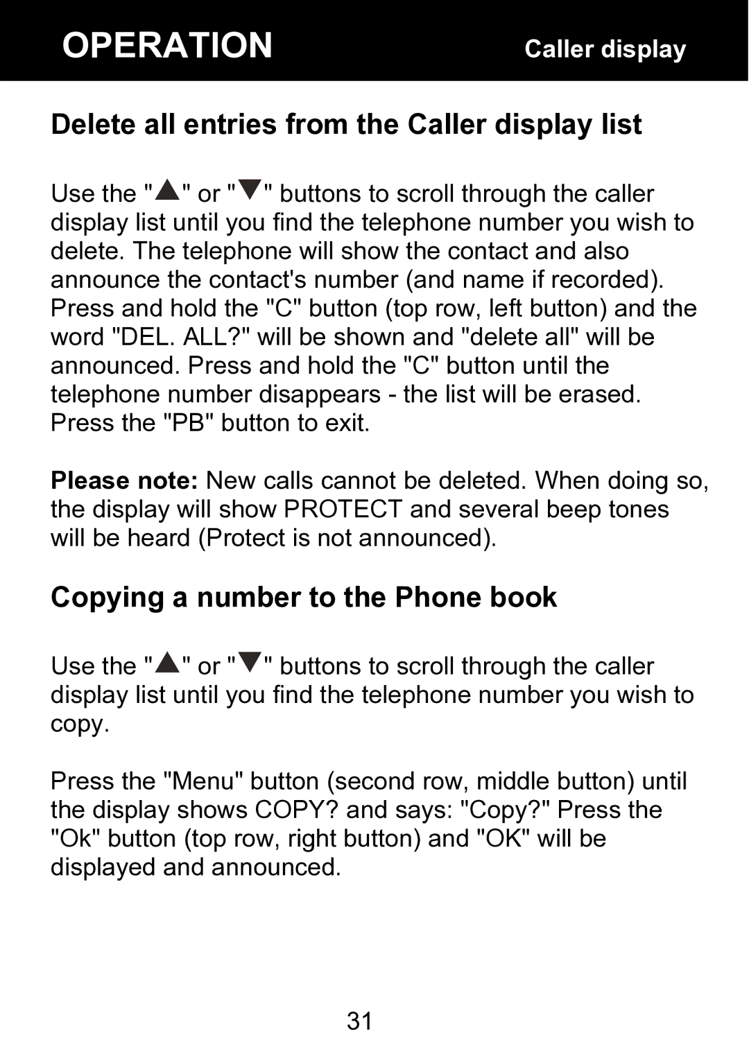 Geemarc BDP400 manual Delete all entries from the Caller display list, Copying a number to the Phone book 