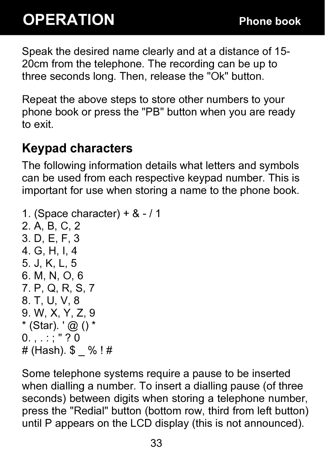 Geemarc BDP400 manual Keypad characters, Phone book 