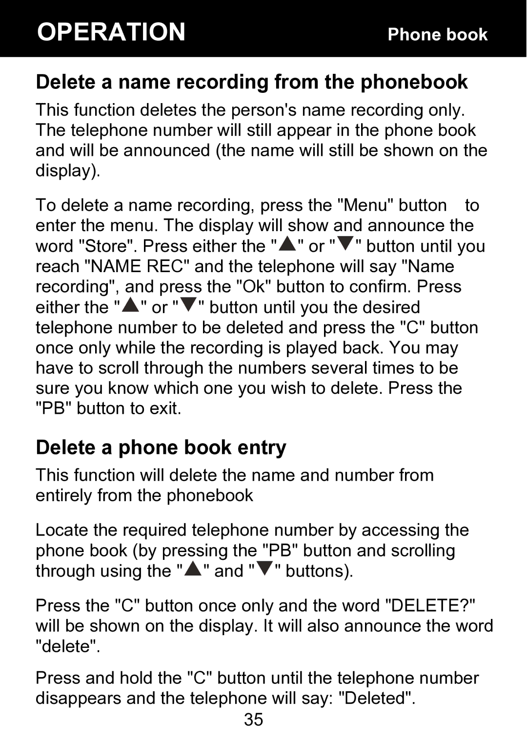 Geemarc BDP400 manual Delete a name recording from the phonebook, Delete a phone book entry 