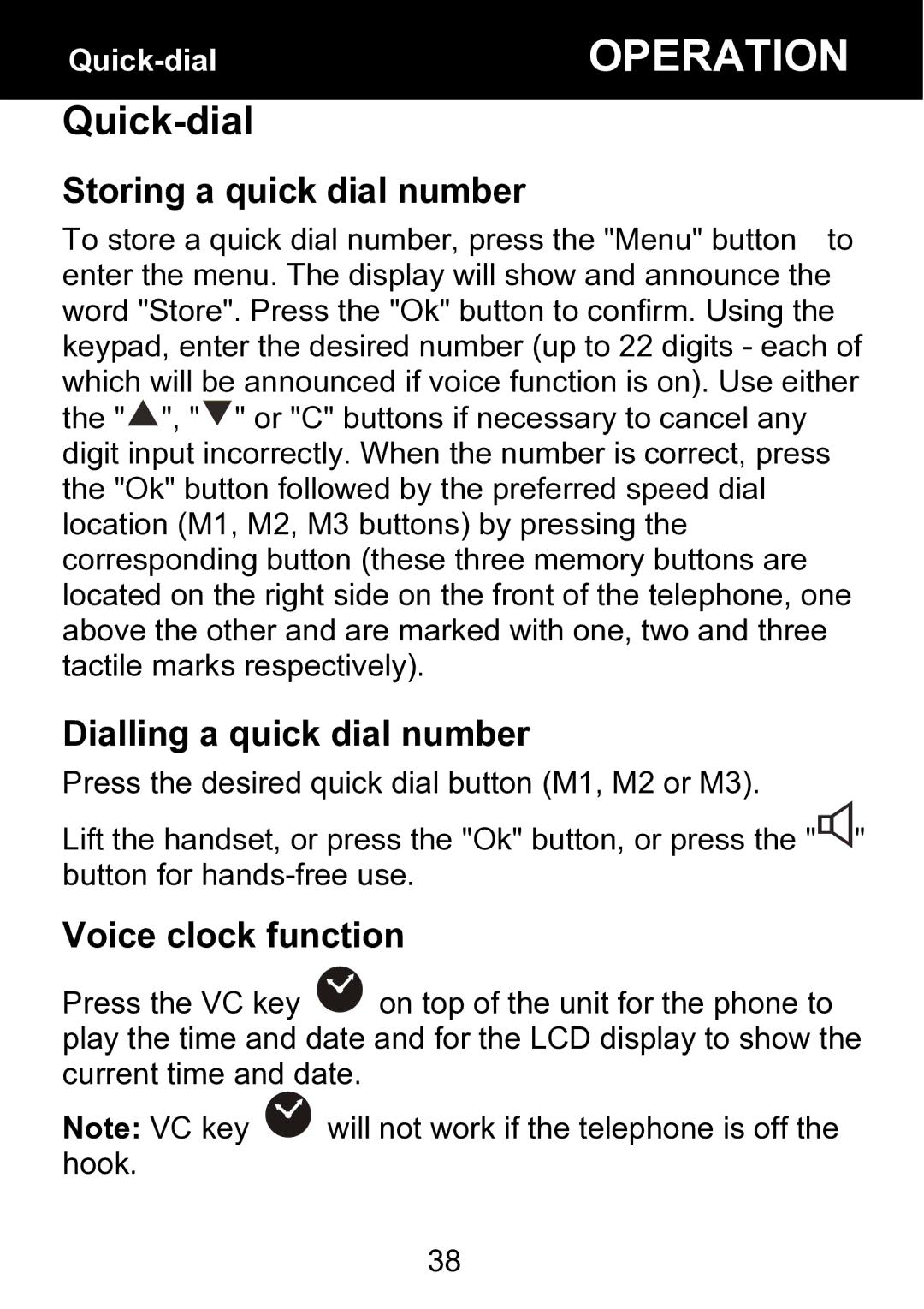 Geemarc BDP400 manual Quick-dial, Storing a quick dial number, Dialling a quick dial number, Voice clock function 