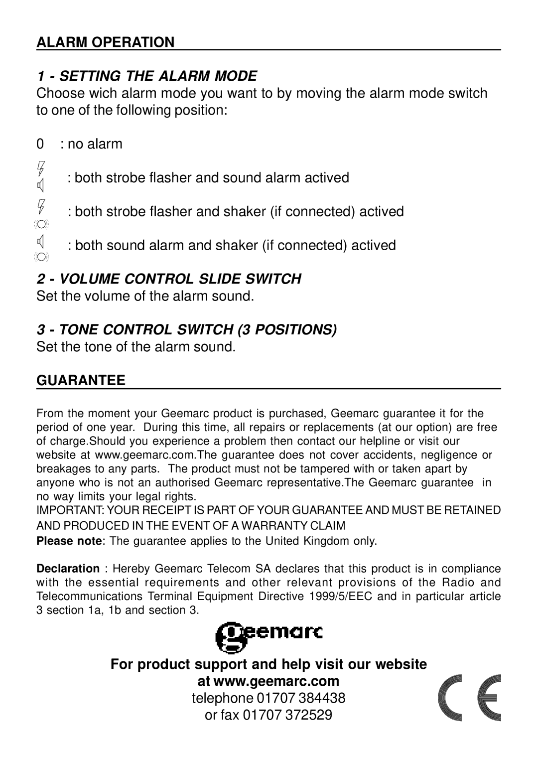 Geemarc CL1 manual Alarm Operation, Setting the Alarm Mode, Volume Control Slide Switch, Tone Control Switch 3 Positions 