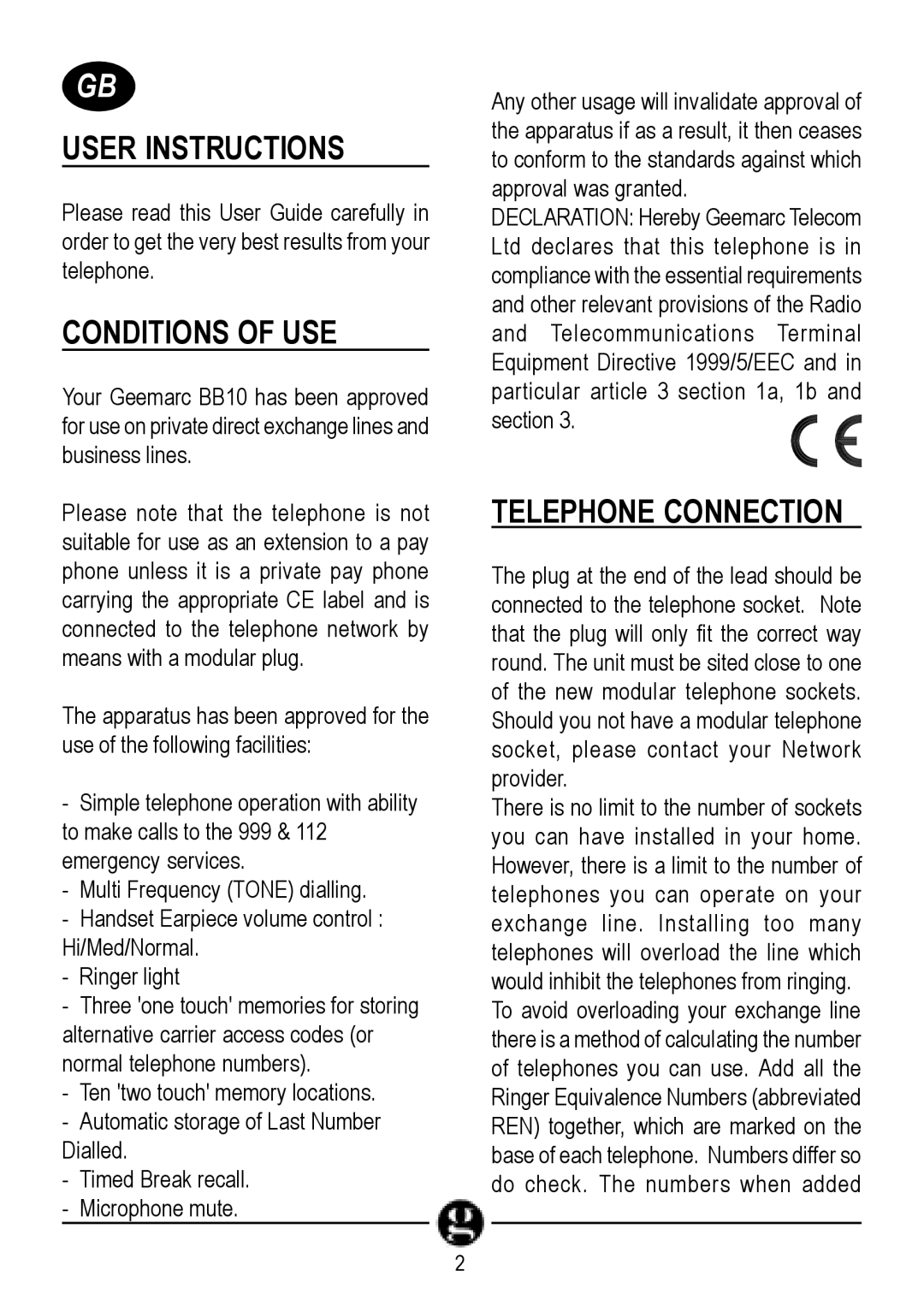 Geemarc CL10 manual User Instructions, Conditions of USE, Telephone Connection 