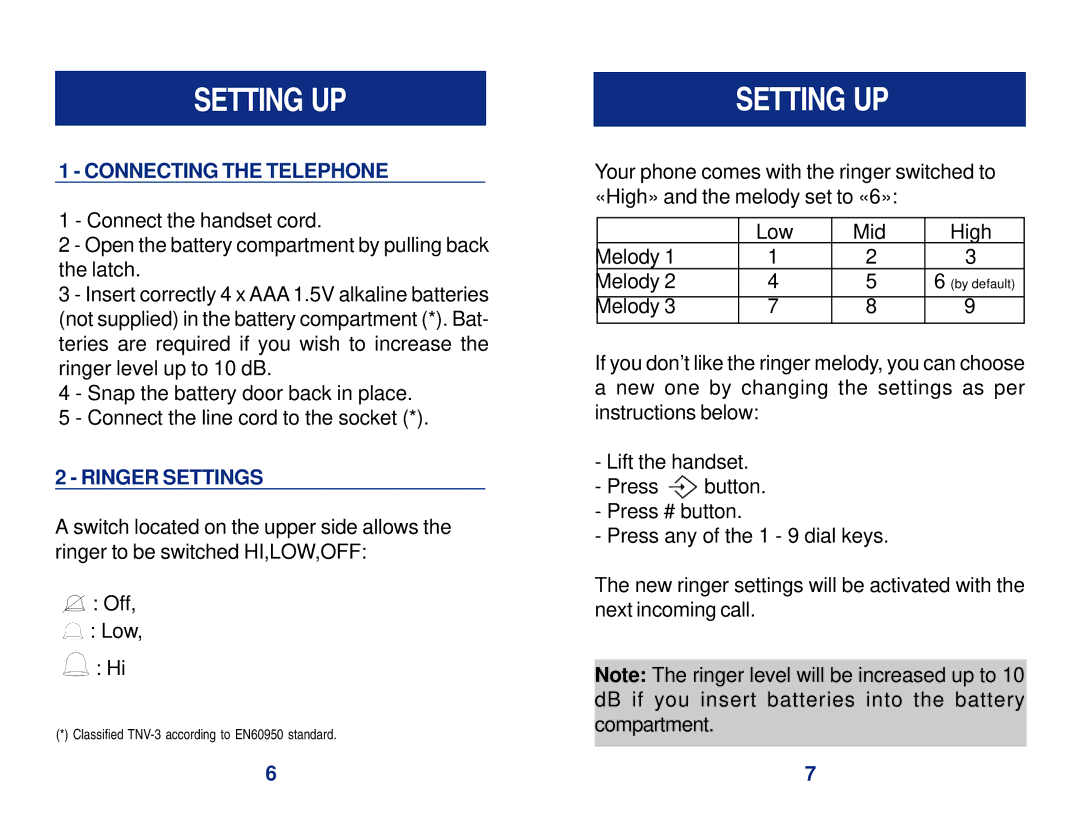 Geemarc CL1100 manual Setting UP, Connecting the Telephone, Ringer Settings 