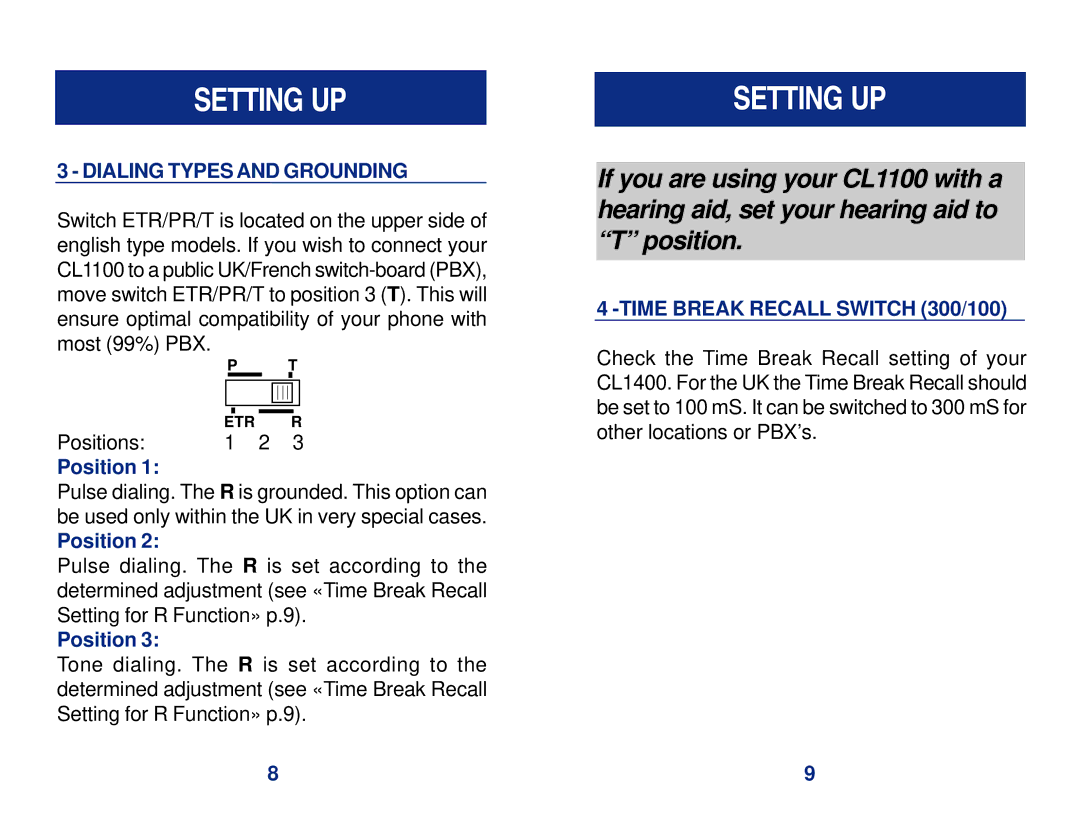 Geemarc CL1100 manual Dialing Types and Grounding, Time Break Recall Switch 300/100 