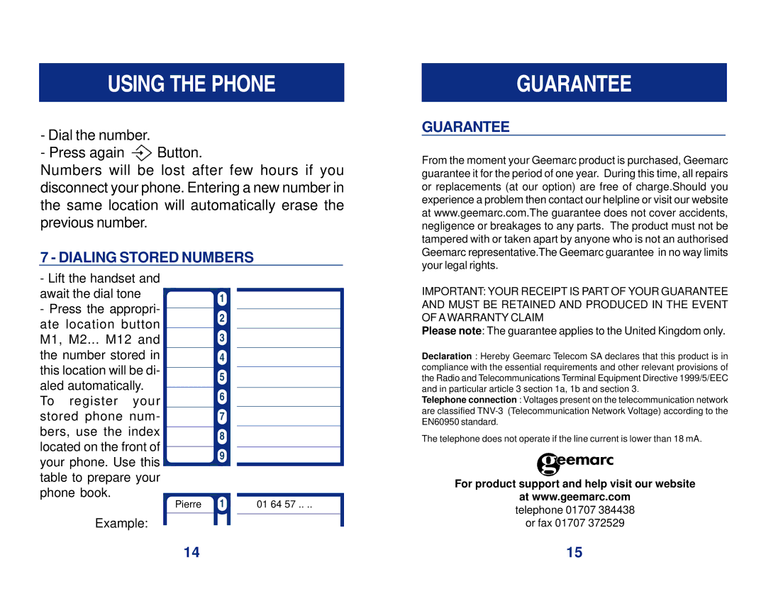 Geemarc CL1100 manual Guarantee, Dialing Stored Numbers 