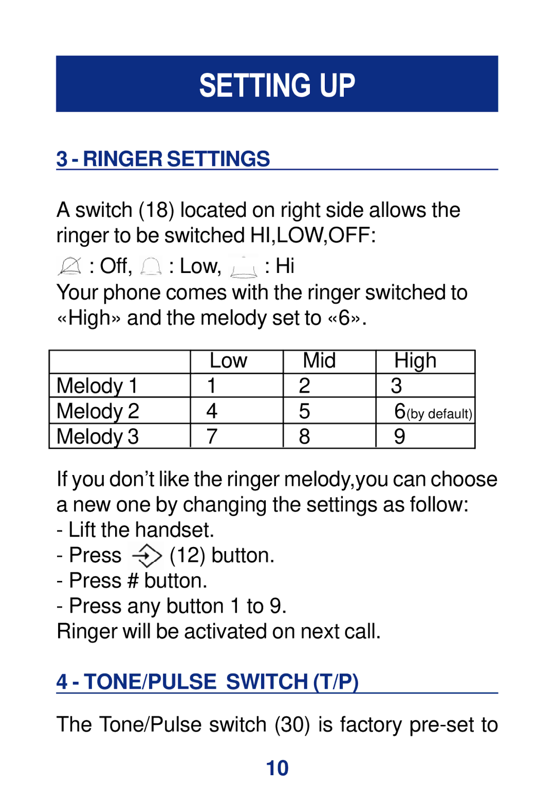 Geemarc CL200+ manual Ringer Settings, TONE/PULSE Switch T/P 