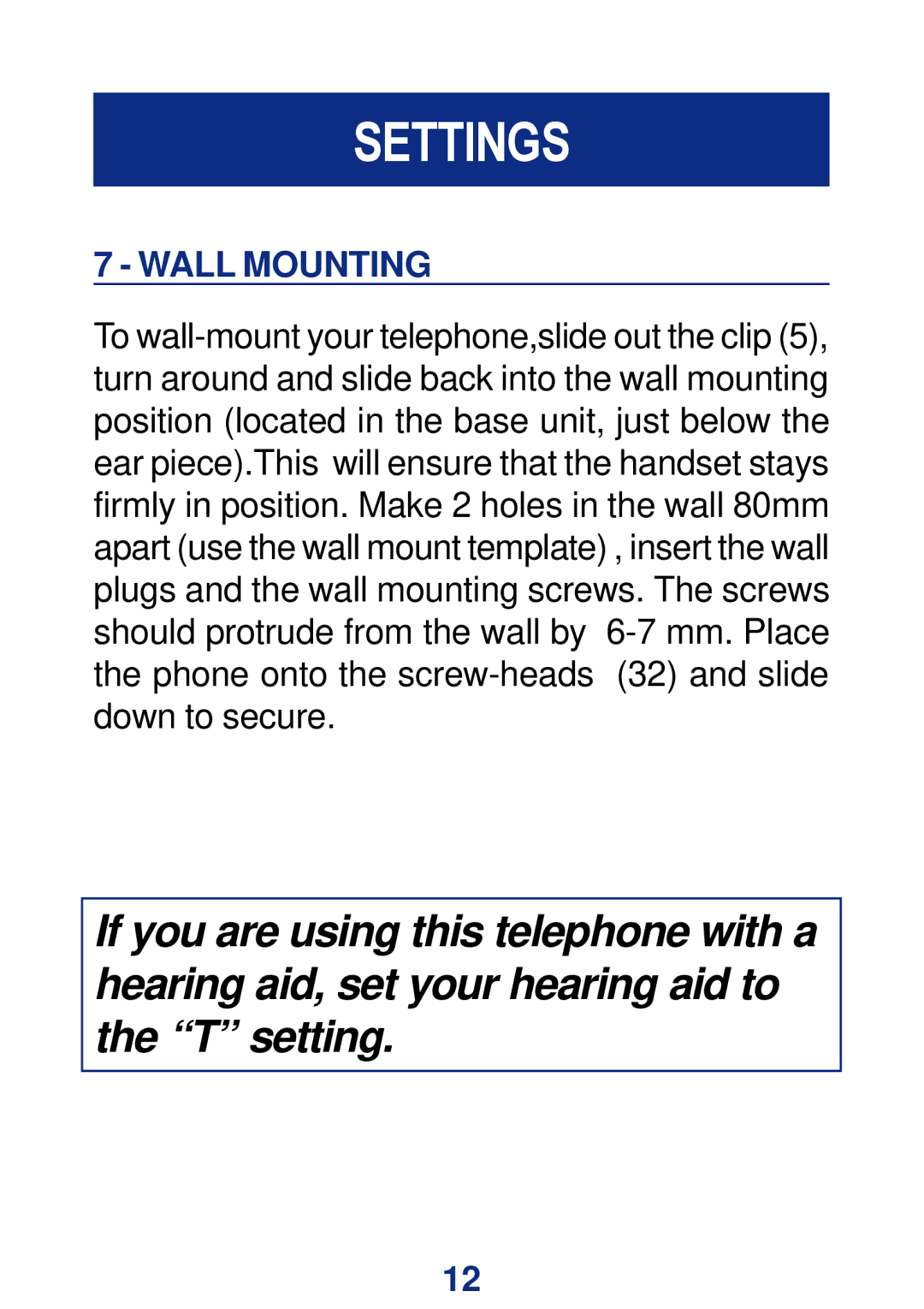 Geemarc CL200+ manual Settings, Wall Mounting 