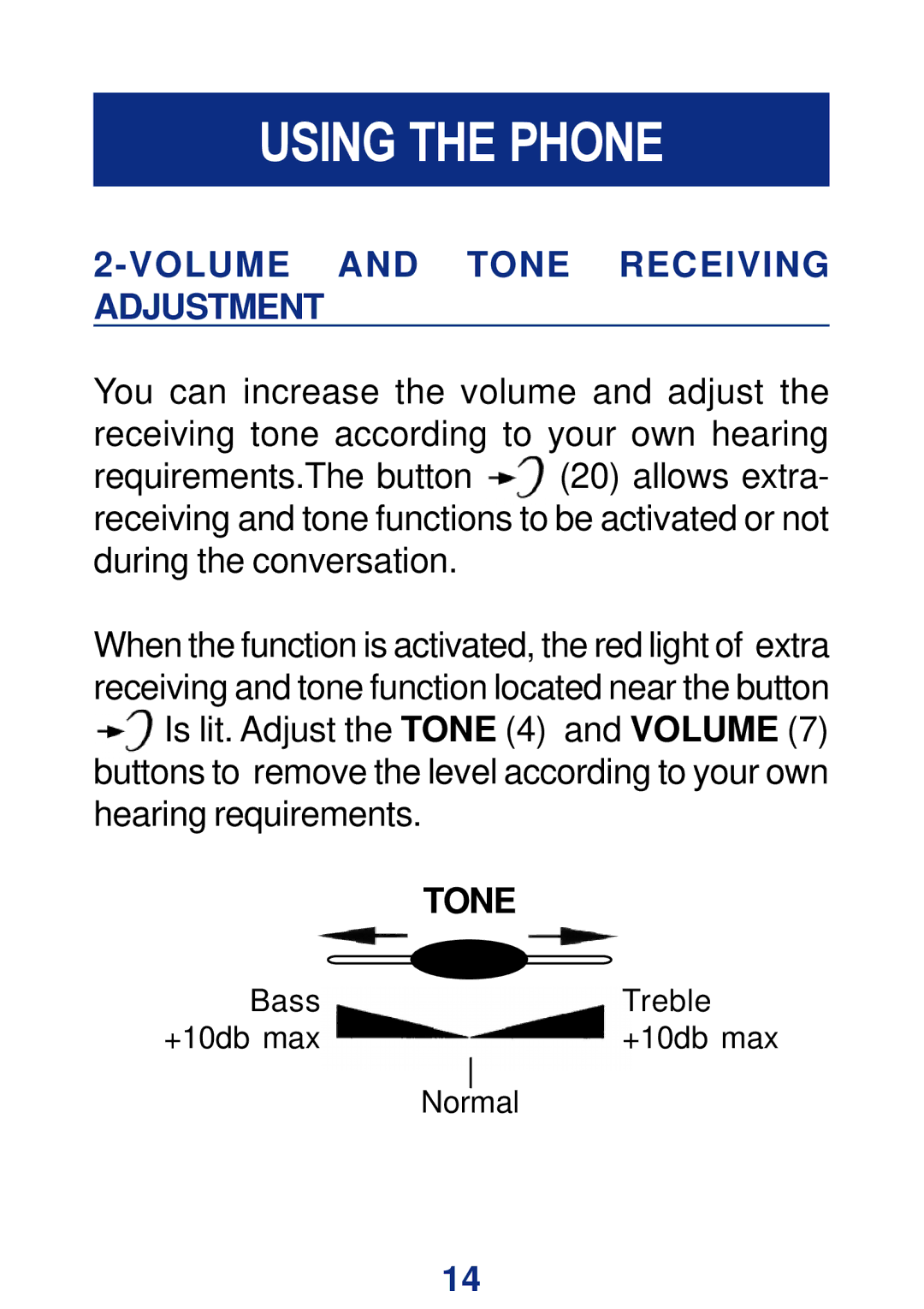 Geemarc CL200+ manual Volume and Tone Receiving Adjustment 