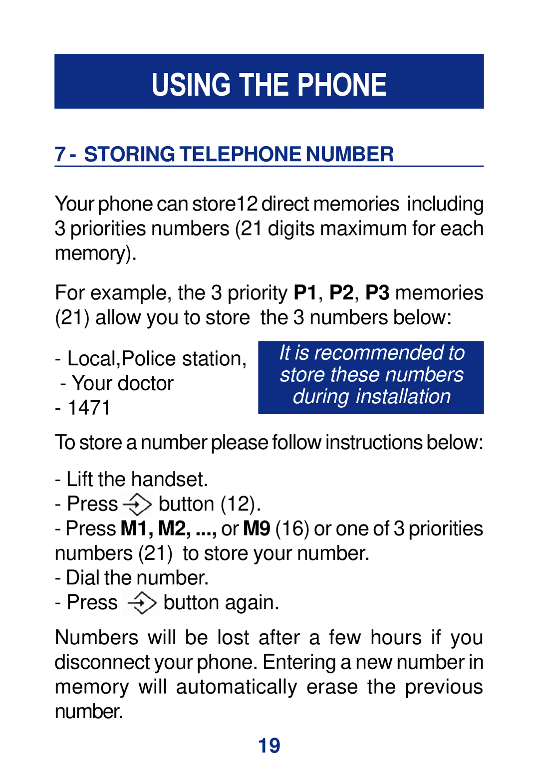 Geemarc CL200+ manual Storing Telephone Number 